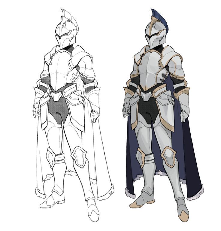 the image presents a sidebyside comparison of a female knight character design.  the left side shows a line drawing, while the right side displays a colored version of the same knight.  both versions depict the knight in a full suit of plate armor, complete with a helmet featuring a crest, pauldrons, greaves, and a long cape with fur trim. the armor is primarily silver or light gray, accented with gold details. the color version also showcases a dark blue/purple cape. the style is reminiscent of fantasy character design, possibly for a video game or other media.  the drawing is clean and detailed, showcasing the armor's design and the character's pose effectively.