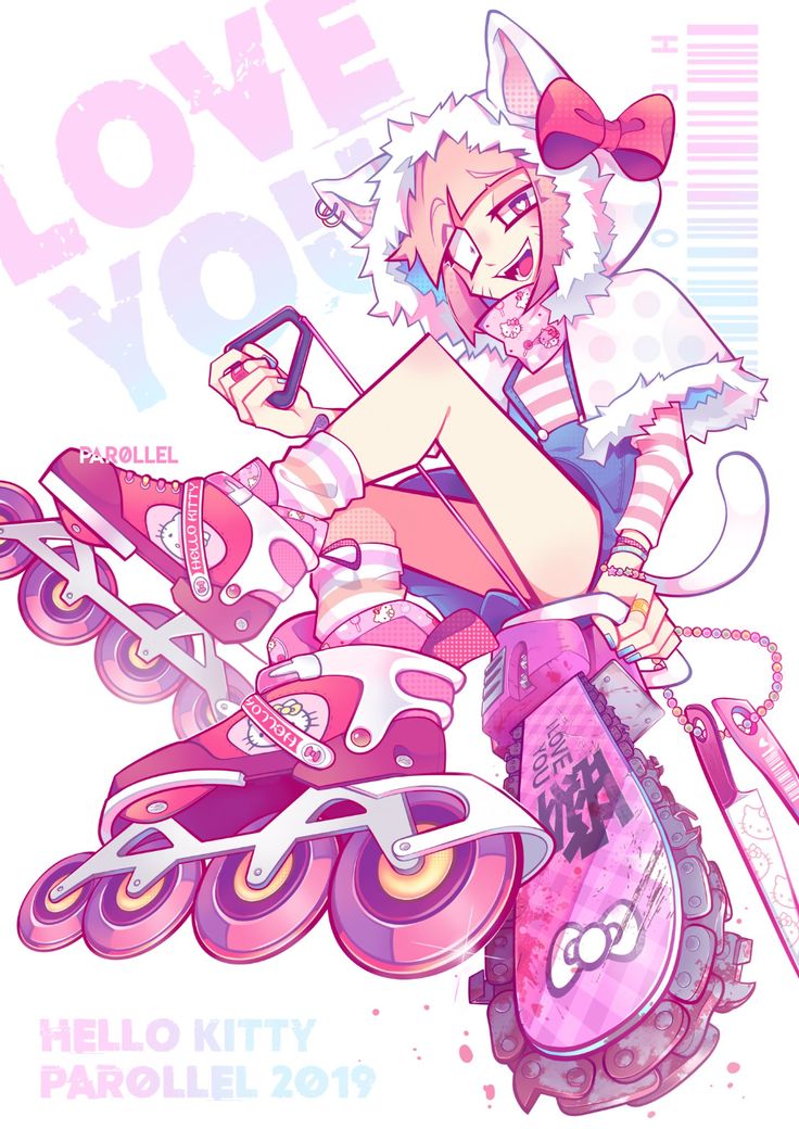 this is an illustration of a girl in an anime style. she is wearing a white fluffy hooded jacket and pink and white rollerblades. she also has a skateboard attached to her rollerblade with "love you" written on it.  the girl is sitting on the skateboard with one leg in the air, and she is looking down at her phone. she is holding a pink phone case with a hello kitty design. the entire illustration is pink and white with a kawaii style.