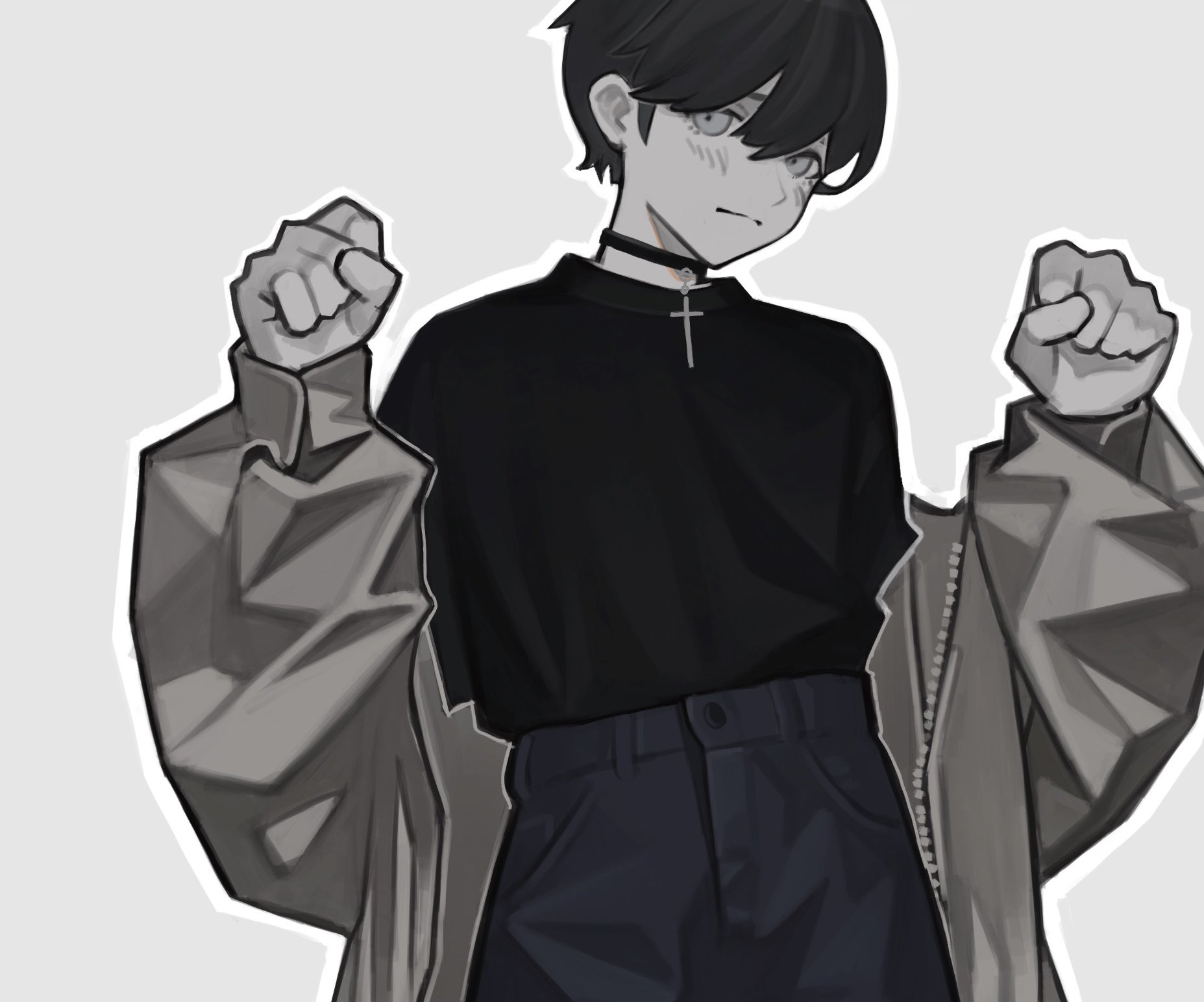 the image is a digital drawing of an animestyle boy. he has short black hair, and is wearing a black longsleeved shirt, darkcolored pants, and a light grey jacket. he also has on a black choker necklace with a cross pendant. his hands are clenched into fists. the style is dark and edgy. the art has a monochrome color scheme with shades of black and grey.