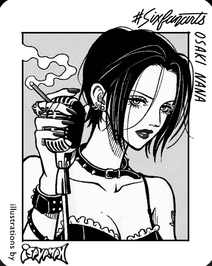 the image is a stylized black and white illustration, possibly fanart, of osaki nana from the manga/anime series nana.  it depicts nana holding a microphone, smoking a cigarette, and looking directly at the viewer.  she's dressed in a dark, edgy style featuring a choker necklace and a lowcut top. the art style is heavily influenced by manga, with sharp lines and dramatic shading.  there's text present indicating it's fanart ("#sixfanarts") and a watermark/signature ("spyvamp"). the background is a simple, bordered frame. the overall mood is dark, sultry, and rebellious, aligning with nana's character in the source material.