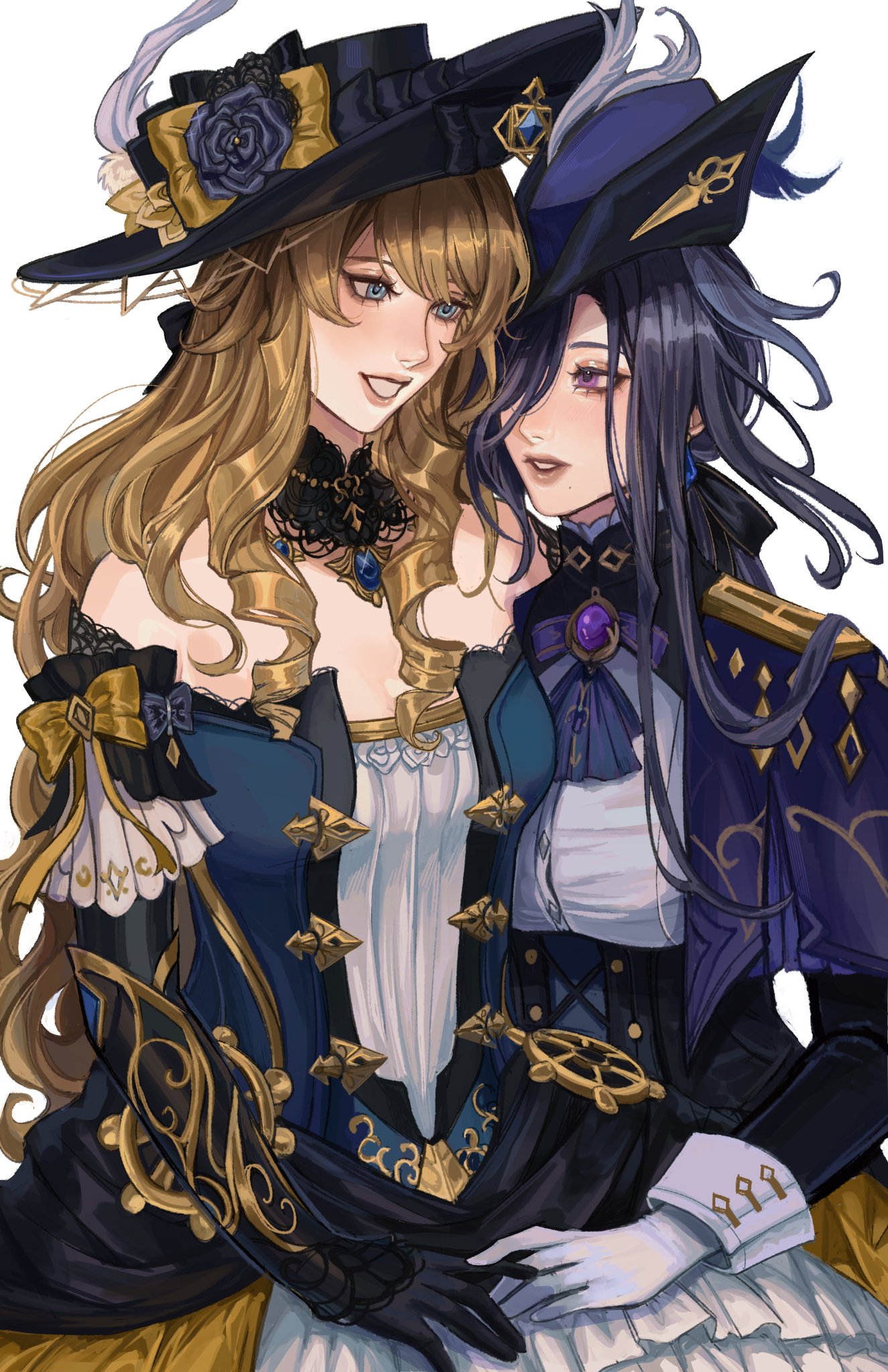 two anime girls are looking at each other and smiling. they are both wearing beautiful outfits. one girl is wearing a blue and gold dress with a black hat. the other girl is wearing a purple dress with a white hat and white gloves.  they are both very stylish and look happy together.