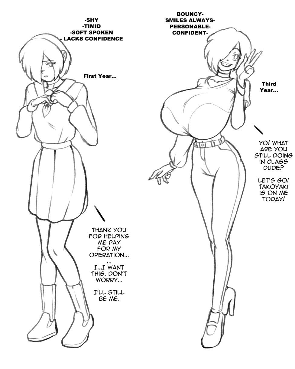 the image is a beforeandafter sketch depicting the transformation of a shy, timid anime girl over three years.  the "before" image shows a petite girl in a school uniform, clutching her shirt, and exhibiting signs of low selfesteem. the accompanying text describes her as shy, timid, softspoken, and lacking confidence. the "after" image shows the same girl three years later, significantly more confident and outgoing.  she has developed a more curvaceous figure and is depicted in a more casual outfit, smiling and waving. the text accompanying the "after" image highlights her bubbly personality and confidence.  the narrative also includes dialogue bubbles indicating a friendly interaction, hinting at a blossoming friendship and an invitation to eat takoyaki. the overall style is a mangaesque line drawing.