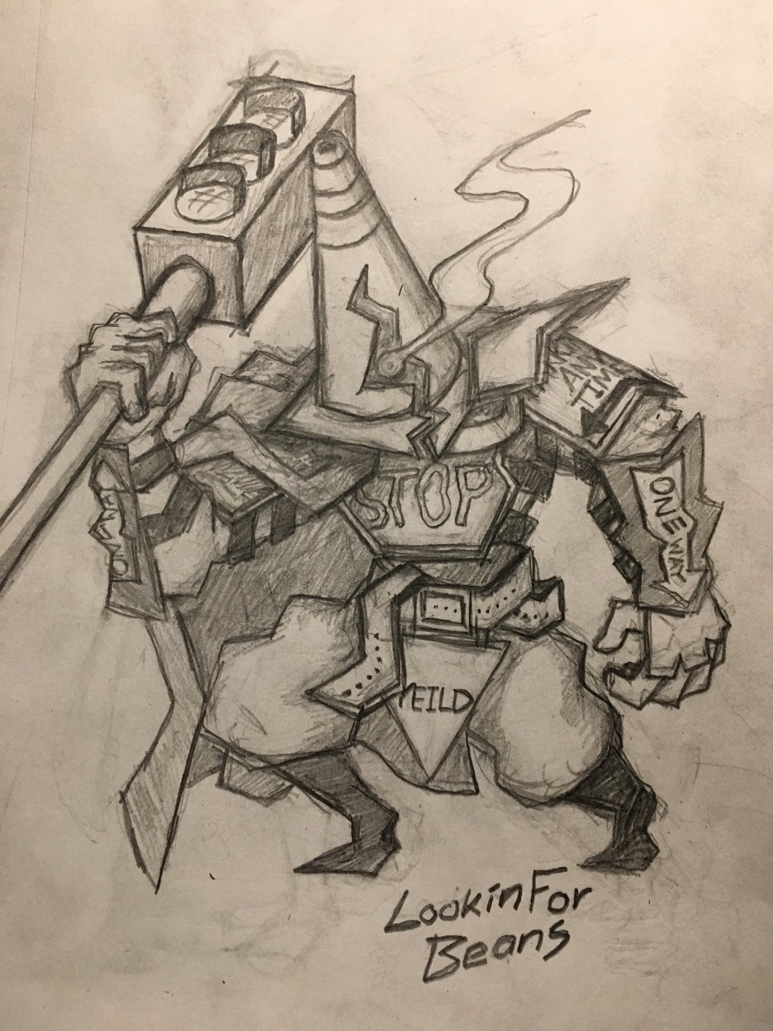 this is a pencil sketch of a fantasy warrior golem character. the golem is made of various traffic signs including a stop sign for its chest and a traffic light that's been repurposed as a hammer. the character is wearing a tattered loincloth with a yield sign belt buckle. the golem is drawn with its left hand holding the traffic light hammer and it's right hand in a fist. the golem is standing, slightly angled.