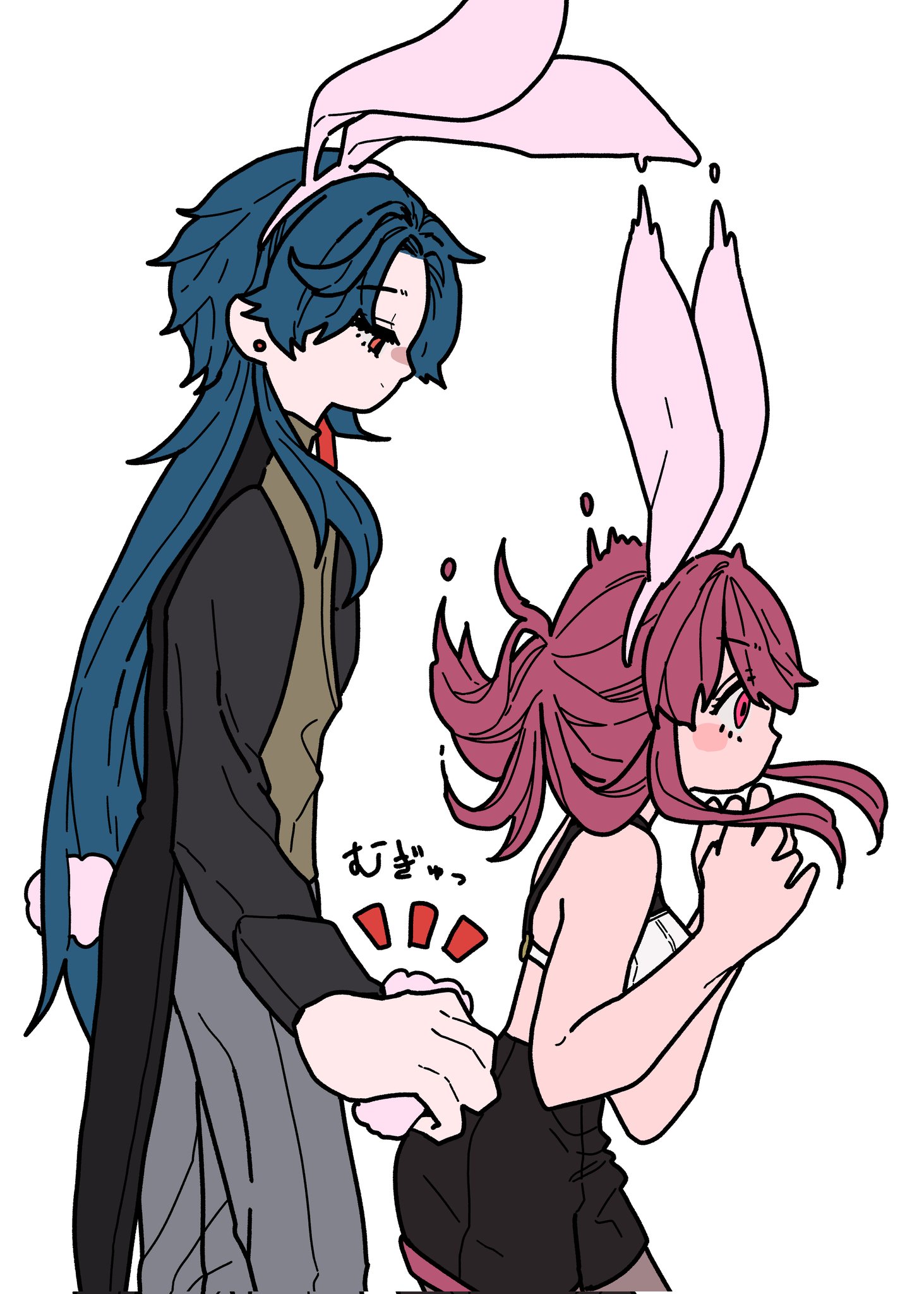 two anime characters, a boy and a girl, are drawn in a cute style. the boy has blue hair and a white shirt and black pants. the