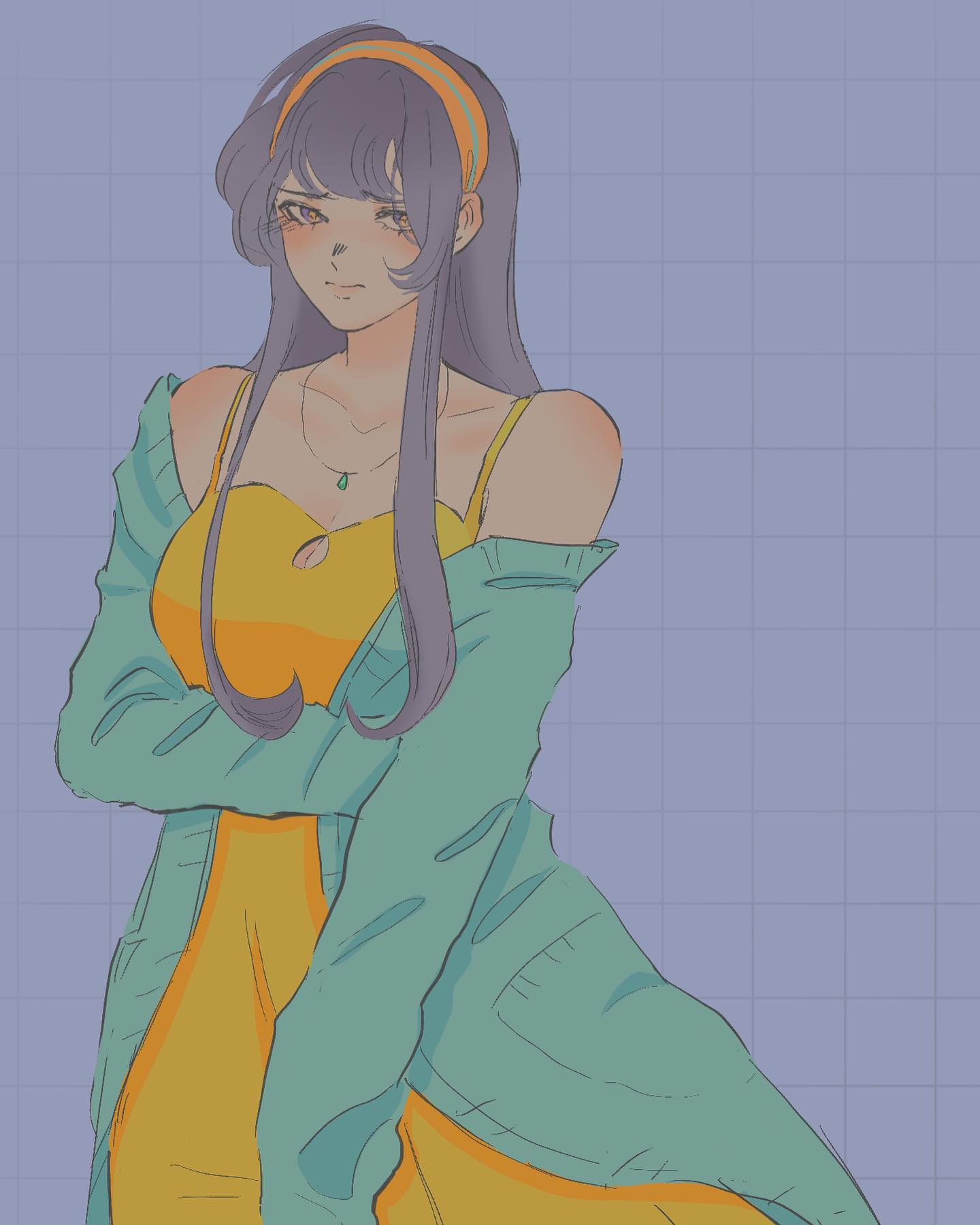 a young woman with long, dark purple hair and a yellow headband stands against a blue grid background. she's wearing a teal cardigan over a yellow sundress and has a neutral expression on her face.