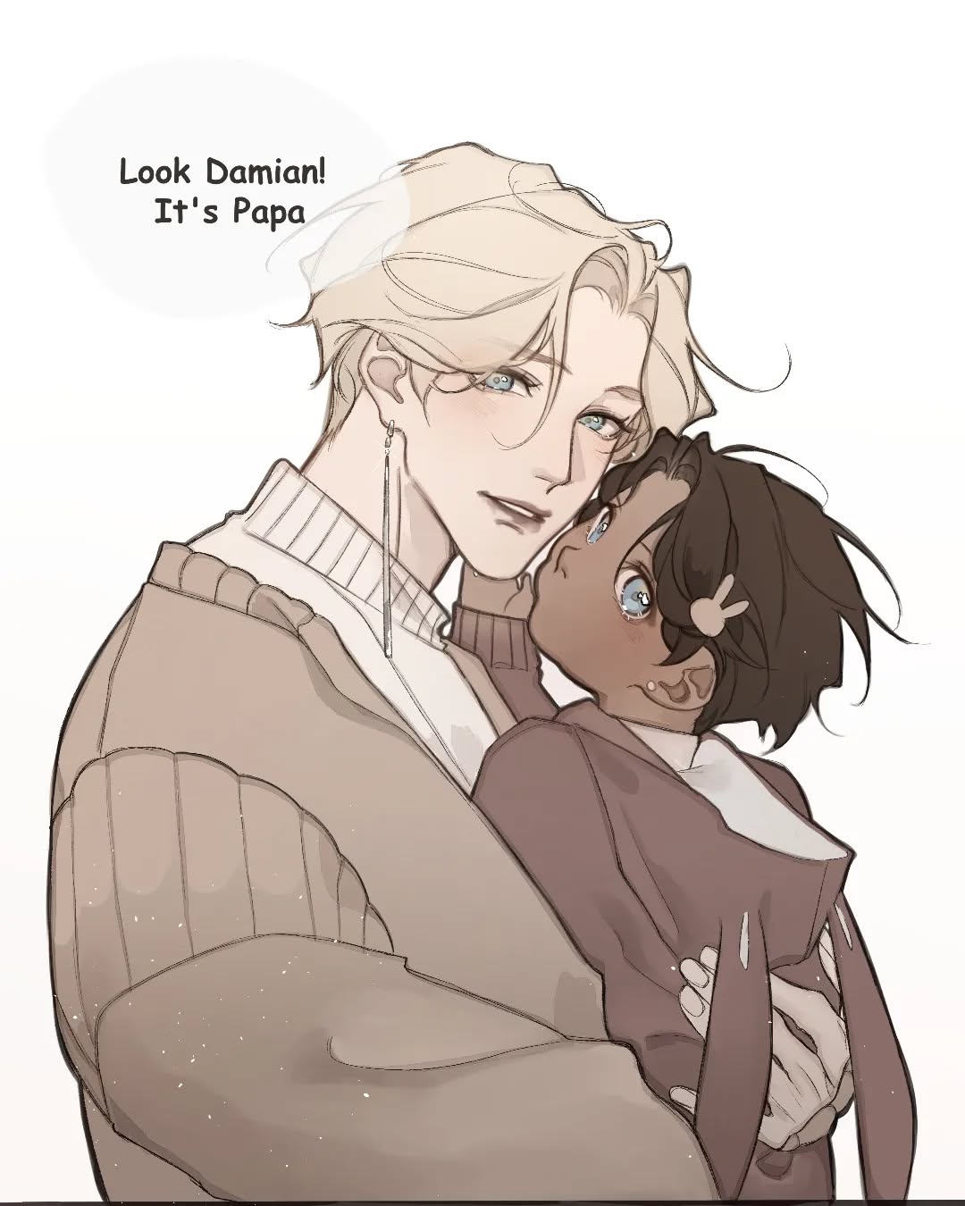 the image is a digital drawing or illustration in a manga/comic style. it depicts a lightskinned man with blond hair embracing a darkerskinned child. the man has a soft, gentle expression, and the child looks up at him with wide, expressive eyes. a speech bubble above them reads "look damian! it's papa," indicating a familial relationship.  the overall style is soft and tender, focusing on the affection between the two figures. the color palette is muted and pastellike.