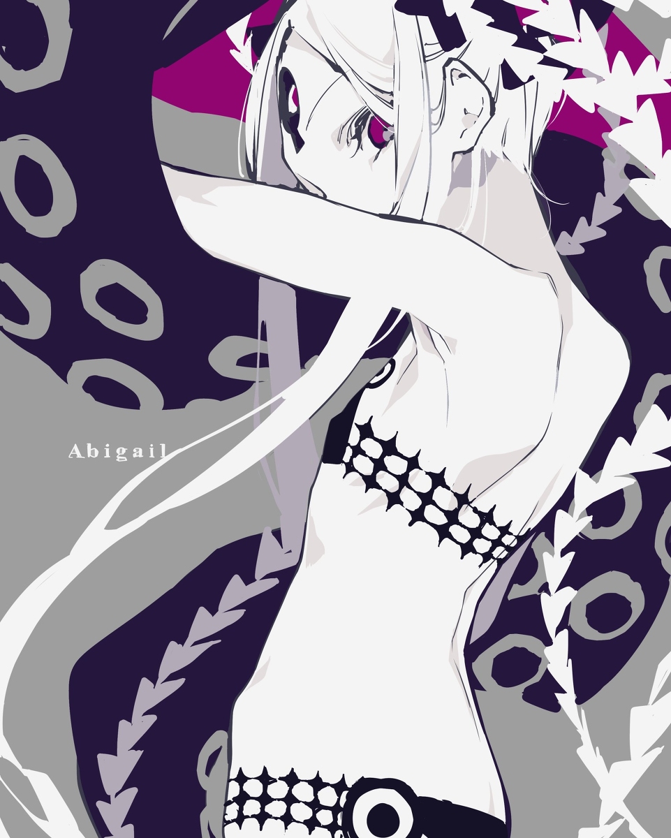 the image is an animestyle illustration featuring a female character with white hair and purple eyes. she is seen from the back, wearing an outfit with geometric patterns, and is surrounded by elements that resemble tentacles and stylized leaves. the color palette is dominated by shades of gray, purple, and white. the name "abigail" is written on the left side of the image.