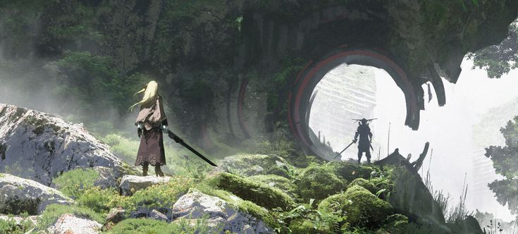 he image is a digital painting or concept art, likely for a video game. it depicts a lush, overgrown forest scene with remnants of what seems to be a futuristic or ancient civilization. a female warrior with long blonde hair and a dark robe stands on some rocks, wielding a long sword. in the background, through a large broken circular structure embedded in the rock face, a male warrior in darker clothing stands silhouetted, also carrying a weapon. the overall mood is mysterious, atmospheric, and blends fantasy and science fiction elements. the greenery, fog, and rock formations create a sense of depth and scale.