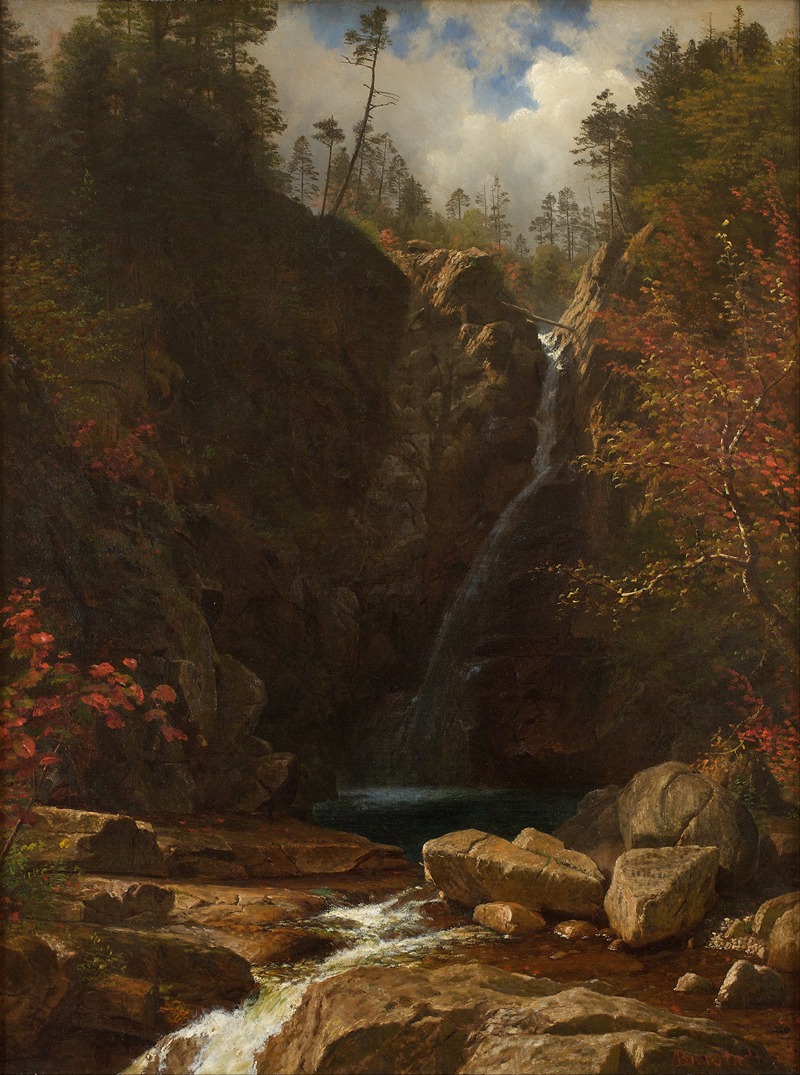 a painting depicts a landscape with a waterfall cascading down a rocky cliff into a pool of water, surrounded by mountains and trees. the scene is bathed in sunlight, highlighting the colors of autumn foliage. a stream flows over rocks in the foreground, adding to the natural beauty of the wilderness. the sky is filled with clouds, creating a dynamic backdrop for the landscape.