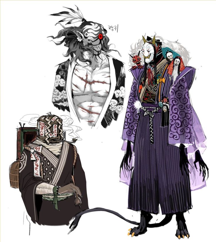 this image is an illustration of three different yokai (japanese monsters). the top left one is a demon with a white mask and a tattered robe, the bottom left one is a creature with a wooden head and a black robe, and the right one is an oni (demon) in a purple robe with a white mask. the yokai are depicted in a stylized, slightly abstract manner, with details like the mask, the clothing, and the poses. the background is white, with some black and white lines in the background. the drawing style is loose and expressive, adding to the overall eerie and mysterious feel.
