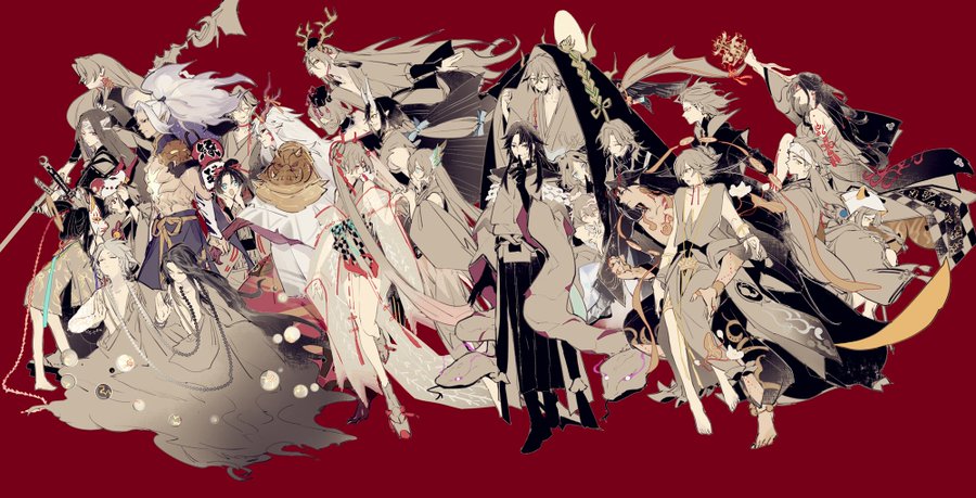 the image features a large group of anime characters, all with various designs, poses, and accessories. they seem to be in the midst of a powerful and dramatic event, with many of them holding swords, and others displaying magical or mystical abilities.  the characters appear to be a mixture of gods, demons, and spirits.  the background is a dark red,  which adds to the intense and mystical atmosphere. the characters are surrounded by swirling energy and patterns that suggest a high level of power and magical ability.  this scene is brimming with mystery and might suggest a battle or a supernatural gathering.