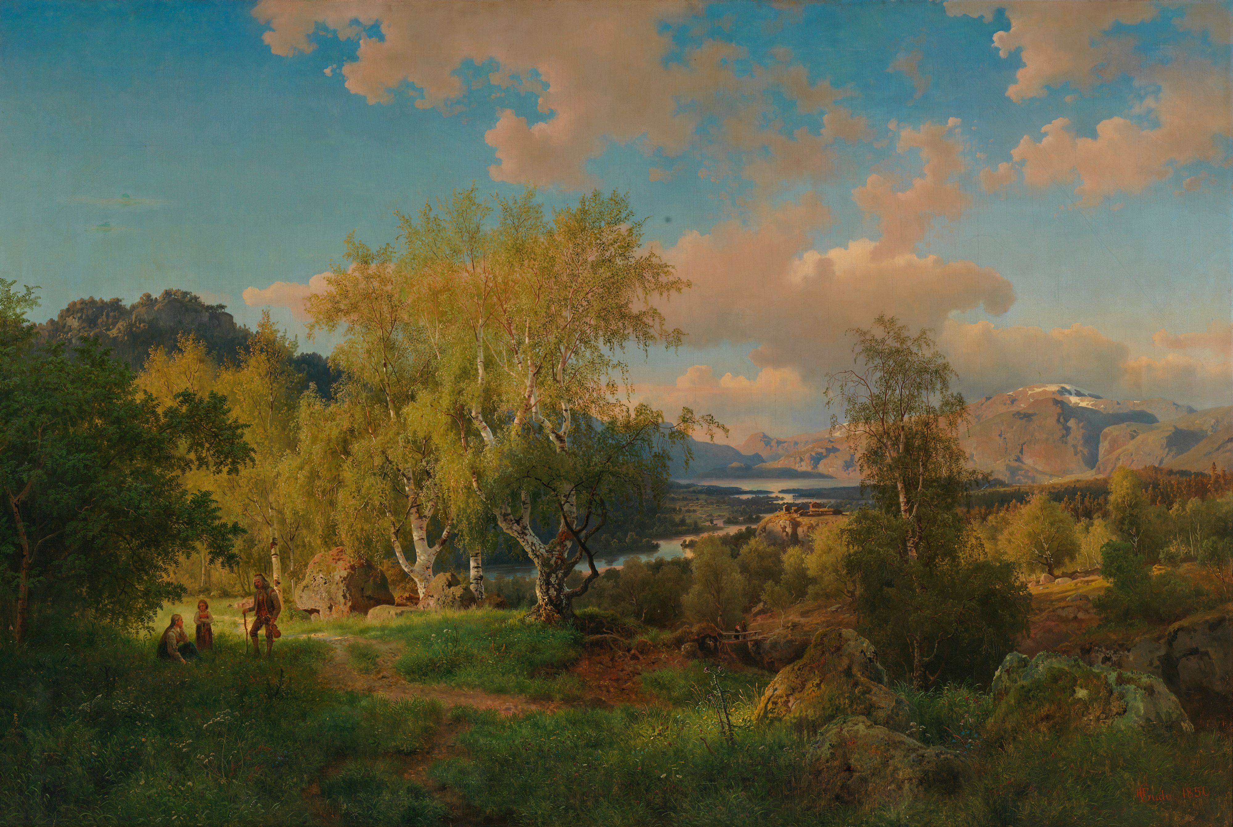the image is a classical landscape painting. it depicts a wide outdoor scene with a combination of natural elements. in the foreground, there is a grassy area with a path leading into a forest. several trees, including prominent birch trees with light bark and green leaves, are scattered throughout the landscape. to the left, there are a few figures of people, possibly hikers, resting or standing near the path. in the midground, a river or valley is visible, winding its way through the landscape. in the background, there are mountains, some with snowcapped peaks, beneath a sky with clouds. the lighting suggests a sunny day, with sunlight filtering through the trees and creating shadows on the ground. the overall scene is serene and picturesque.