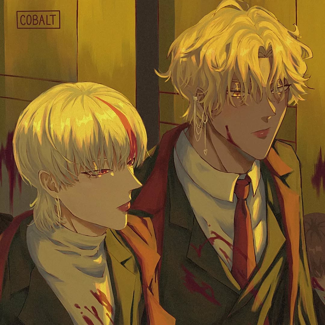 the image is a digital painting or illustration in an anime style. it depicts two male characters, both with blond hair, standing closely together. one character has a distinct red streak in their hair. they are both wearing sharp, sophisticated suits.  the lighting is dramatic, creating a golden hour effect that highlights details and casts shadows. both characters have bloodstains on their clothing, adding a sense of tension or violence. their expressions are serious and seem to convey a sense of mystery. the overall aesthetic is dark, elegant and stylized.  the background is a muted yellowbrown, suggesting an indoor setting.