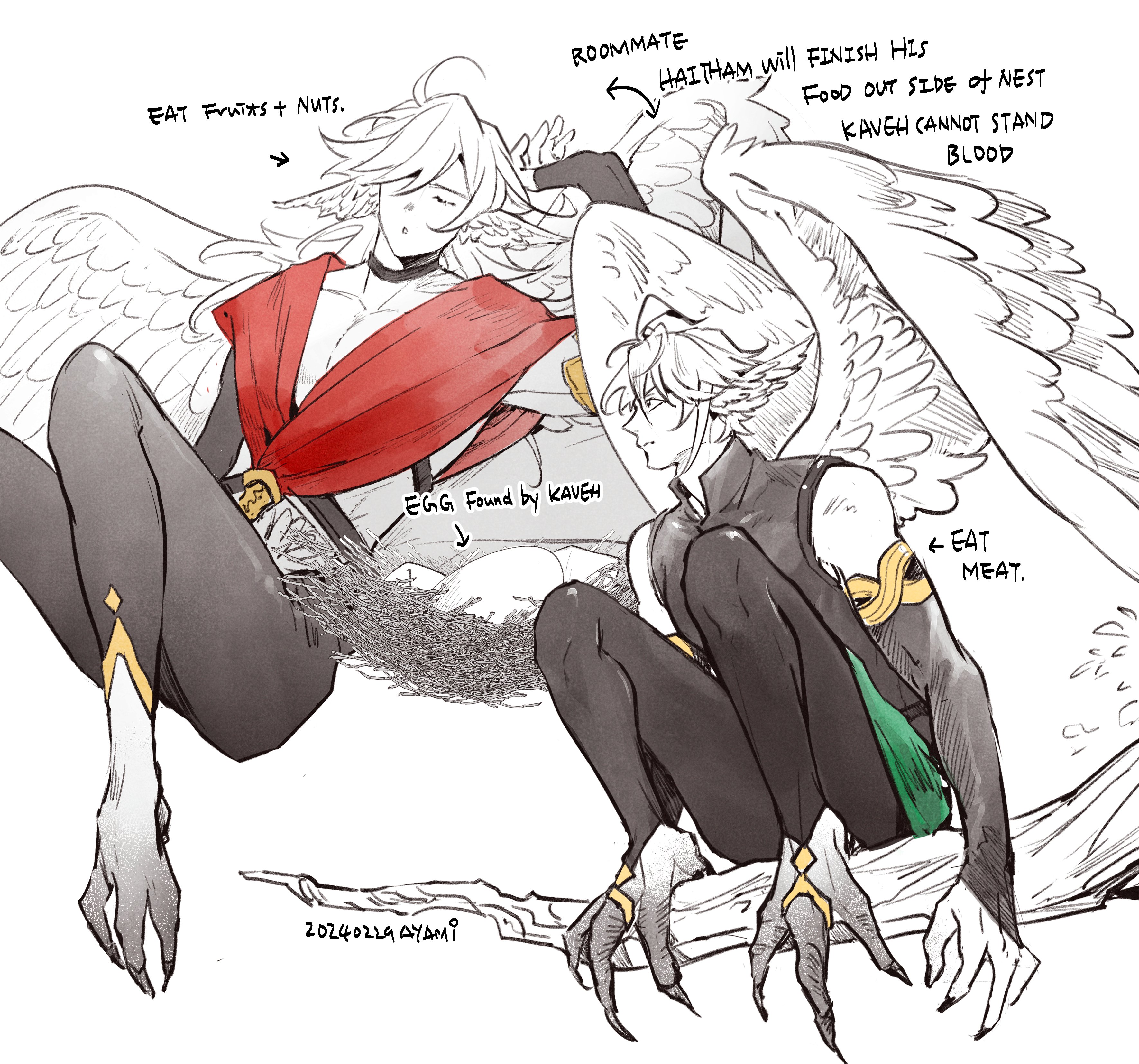 this is an illustration of two anime characters, kaveh and haitham from genshin impact. they both have wings, are resting on a nest, and are both in a fantasy setting. the illustration is drawn in a manga style and is in black and white with some touches of color. it's a comiclike illustration with text bubbles and arrows.