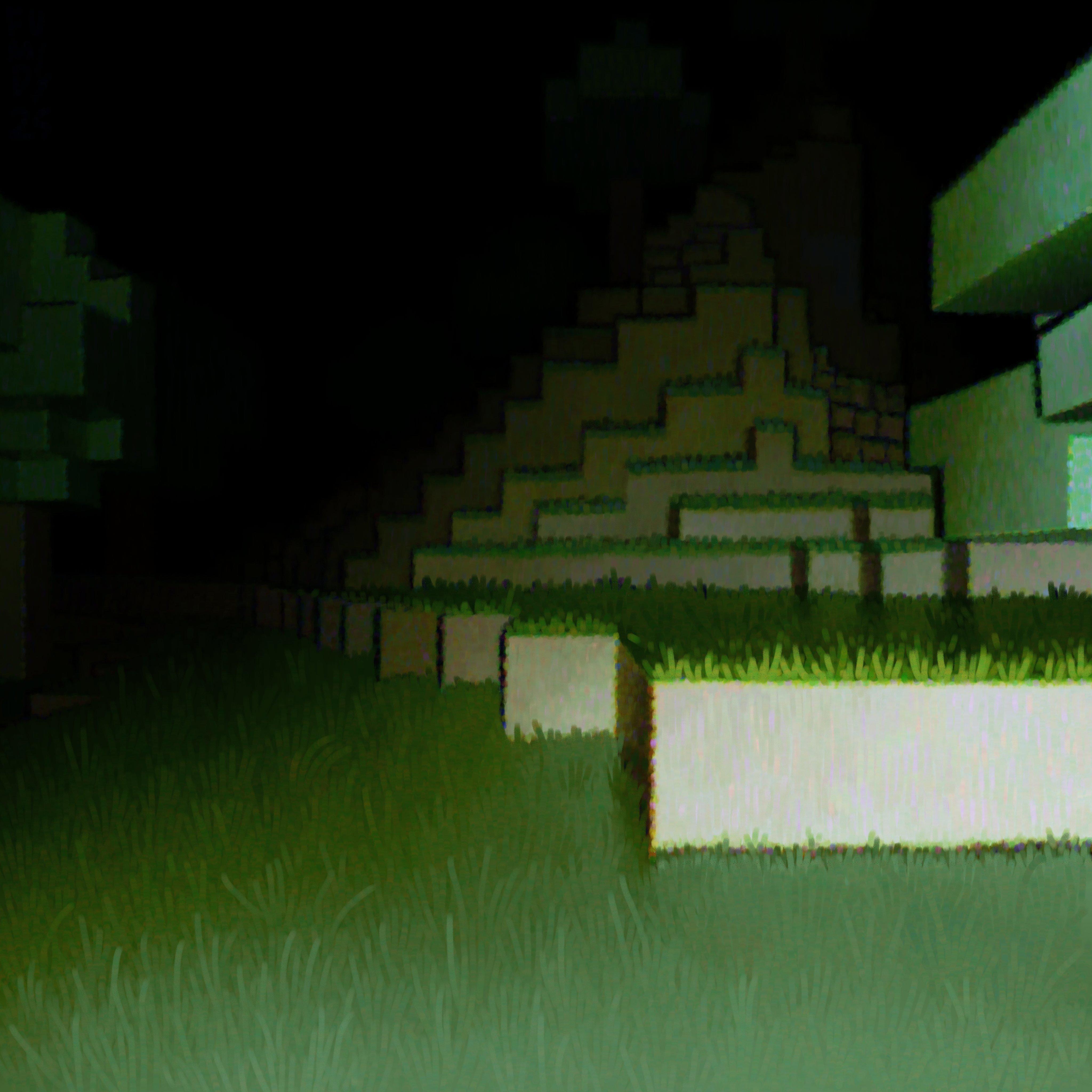 a dark, lowlit digital art landscape depicting a minecraftlike environment. the image features blocky structures resembling a pyramid and trees, surrounded by grassy terrain. the overall style is reminiscent of a video game.