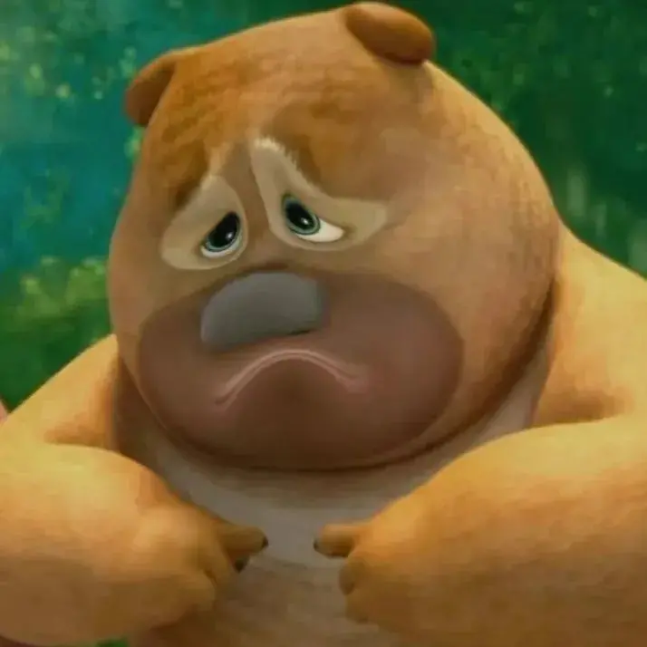 a cartoon rendering of a chubby bear looking downcast and forlorn. the bear is predominantly light brown with darker brown detailing around its eyes, nose, and mouth.  it appears to be in a natural setting, with green foliage visible in the background.  the overall tone of the image is melancholic.