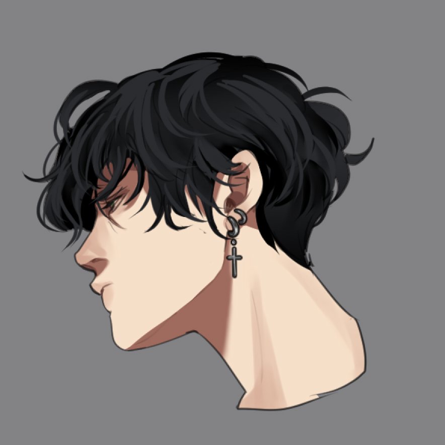 this is a digital illustration of a young male anime character. the character has black hair that is styled in a messy, modern look. they have a piercing on their left ear with a hoop and a dangling cross charm. they are looking off to the side with a neutral expression and their features are sharp and defined.