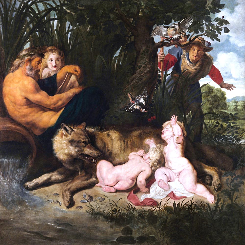 the image is a classical painting depicting the scene of romulus and remus being suckled by a shewolf. on the left, a satyr sits next to a small child. in the foreground, romulus and remus are depicted as infants being nursed by a shewolf near a river. a shepherd wearing a hat and fur stands to the right, holding a staff with a bird perched on top, seemingly surprised or alarmed by the scene. the background features a landscape with trees and foliage.