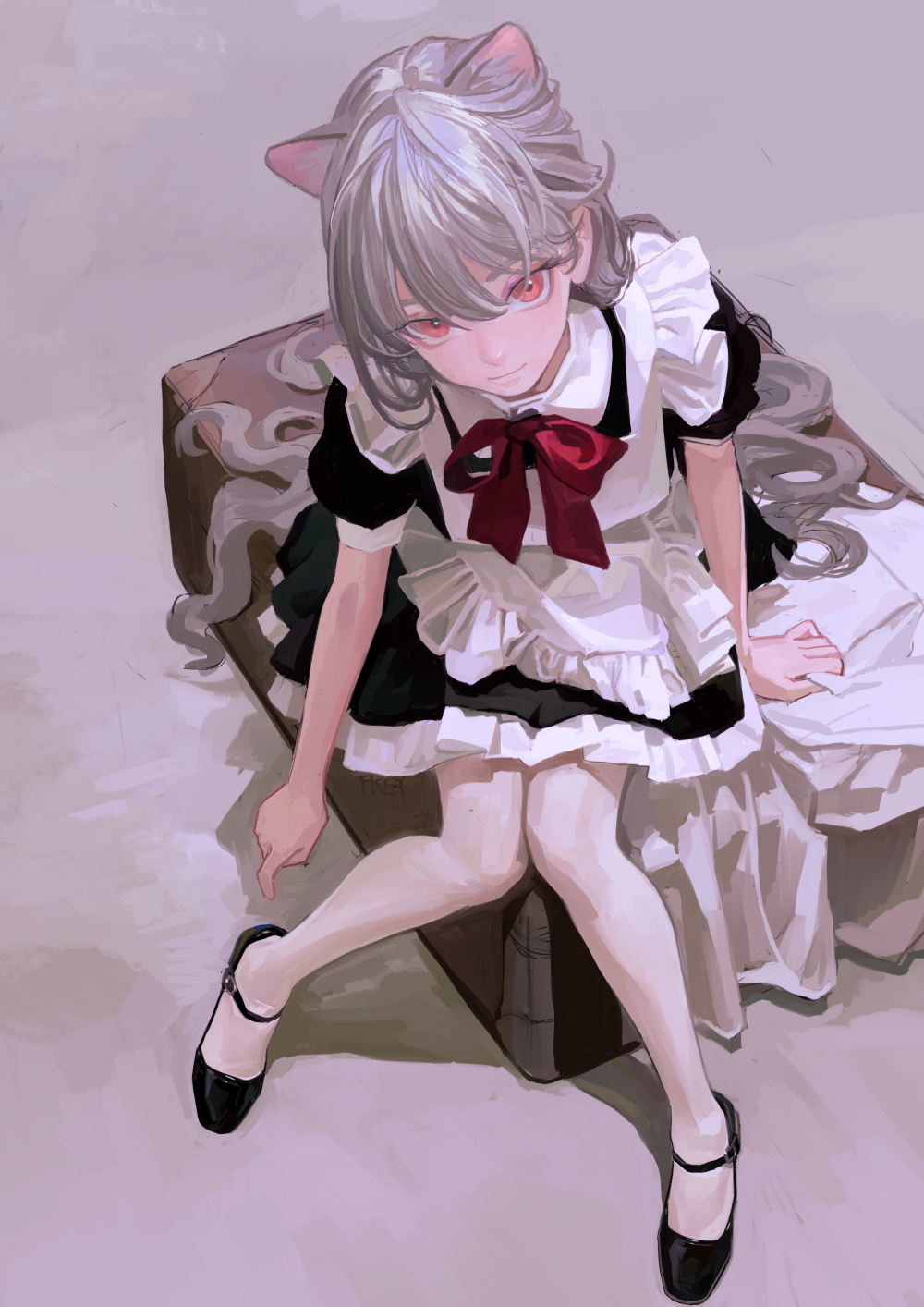 a young anime girl with cat ears, white hair, and red eyes is sitting on a surface. she's wearing a black and white maid outfit with a red ribbon. her legs are crossed, and she is wearing black mary jane shoes.