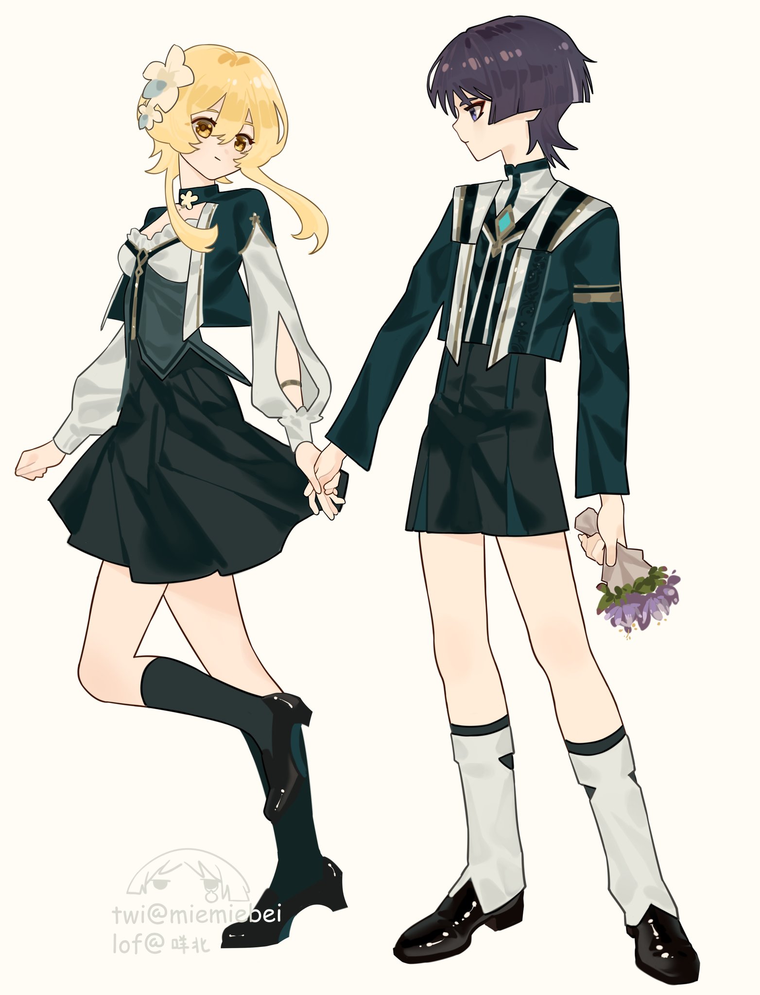 this is a digital illustration of an anime couple holding hands, dressed in school uniforms. the girl is blonde and wearing a black dress with a white shirt and jacket, black socks and shoes, holding a white flower in her hair. the boy is wearing a black jacket with a white shirt and black pants, white socks and boots, and is holding a bouquet of purple flowers. the background is white.