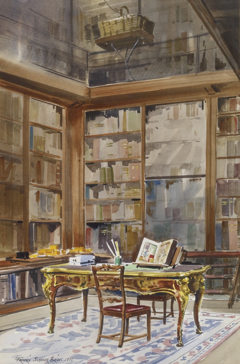 watercolor painting of the interior of a library. a large table and chair are in the center of the room, surrounded by floortoceiling bookcases filled with books. a carpet covers the floor. a lamp hangs from the ceiling.