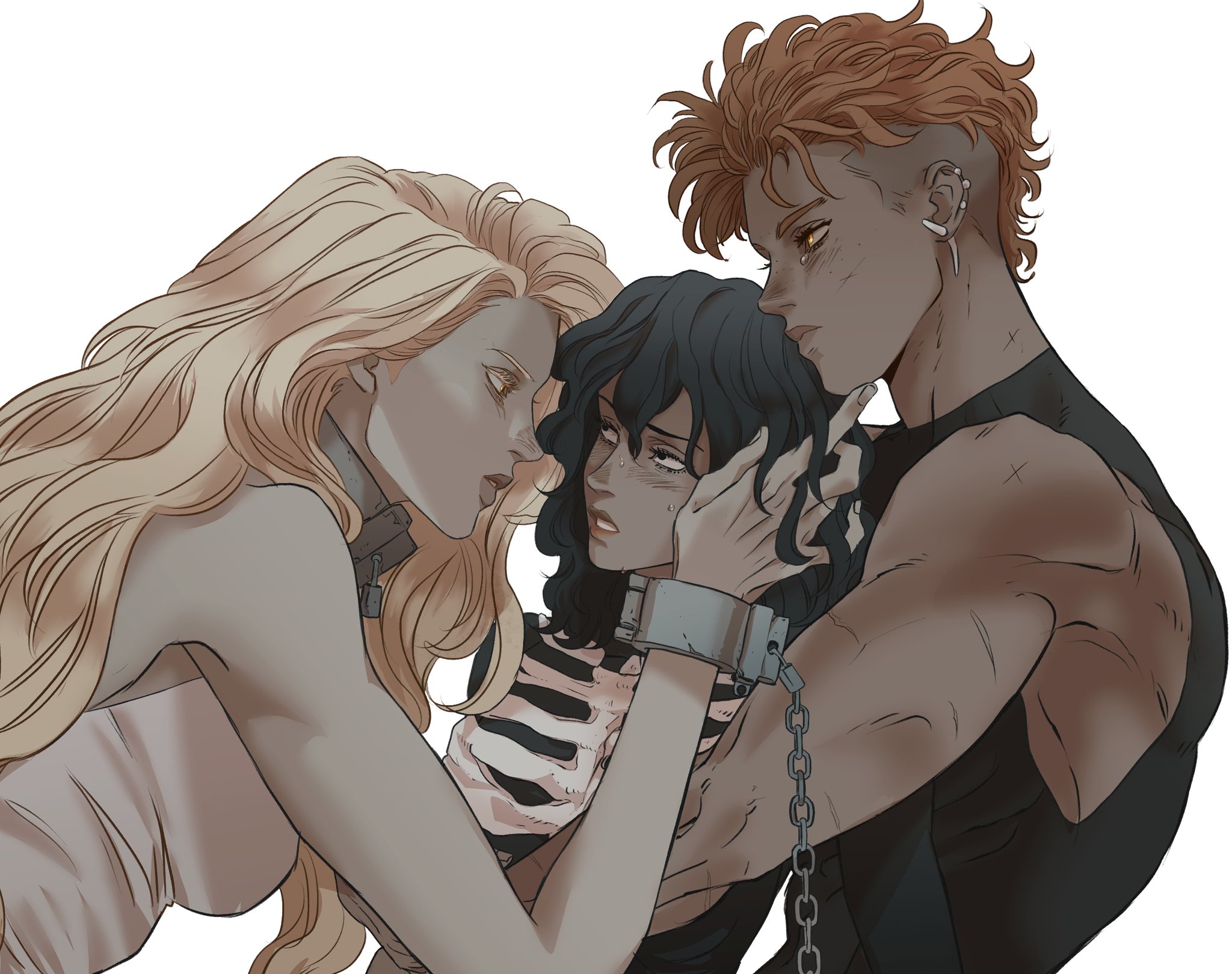 the image shows three drawn characters: two of them are fairskinned, one with blonde hair wearing a collar and the other is a man with orange hair, piercings and a chainlink earring. they are both embracing a darkhaired woman who is wearing a skeleton top. her wrists are cuffed together. all three are looking at the woman with the handcuffs, suggesting that she may be in distress or a difficult situation.
