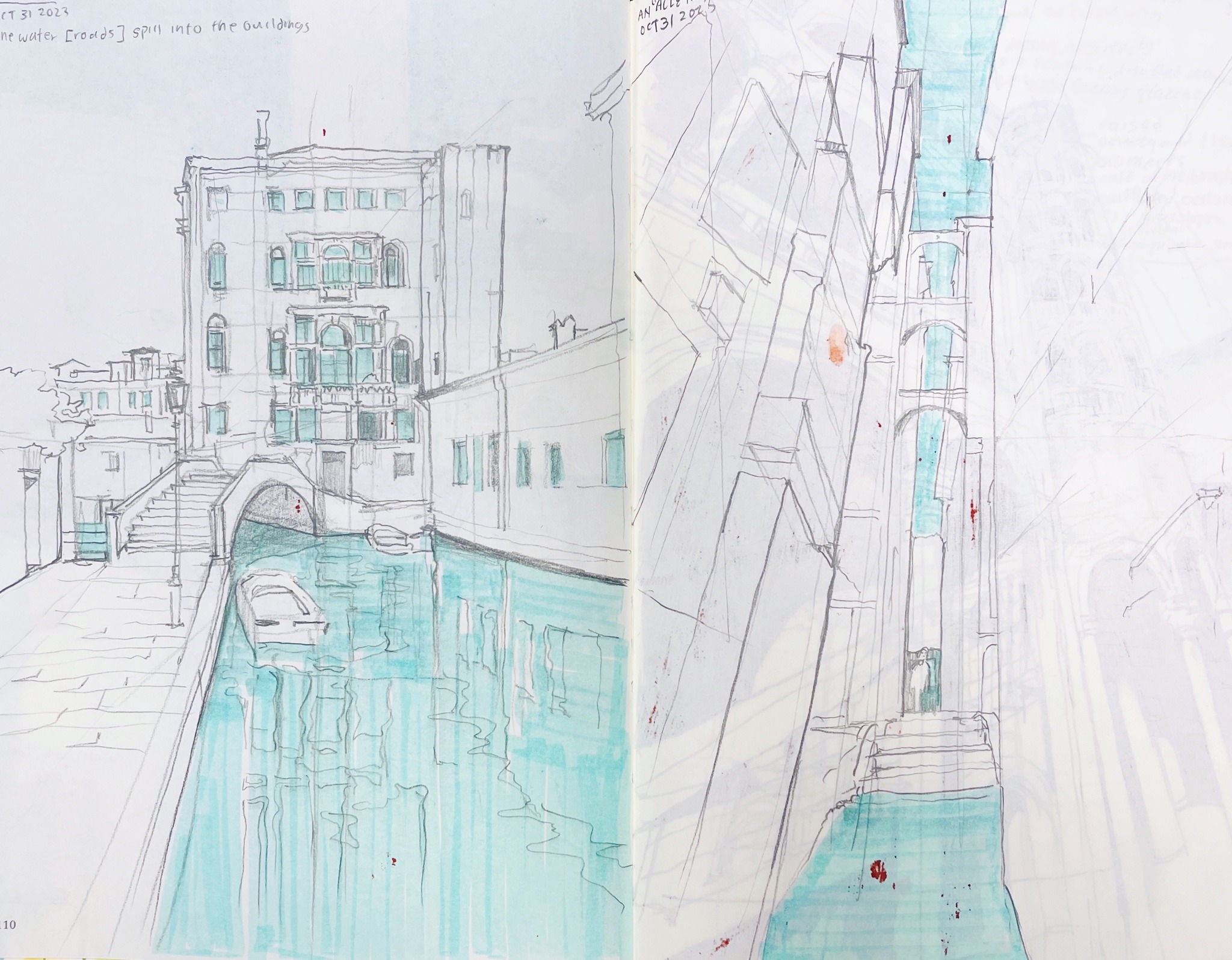the image shows two watercolor sketches of buildings and canals in venice, italy. the left sketch depicts a grand building with a bridge and a small boat in the canal. the right sketch focuses on a narrow canal between tall buildings, emphasizing the verticality of the architecture. both sketches are done in a loose and expressive style, capturing the atmosphere and charm of venice.