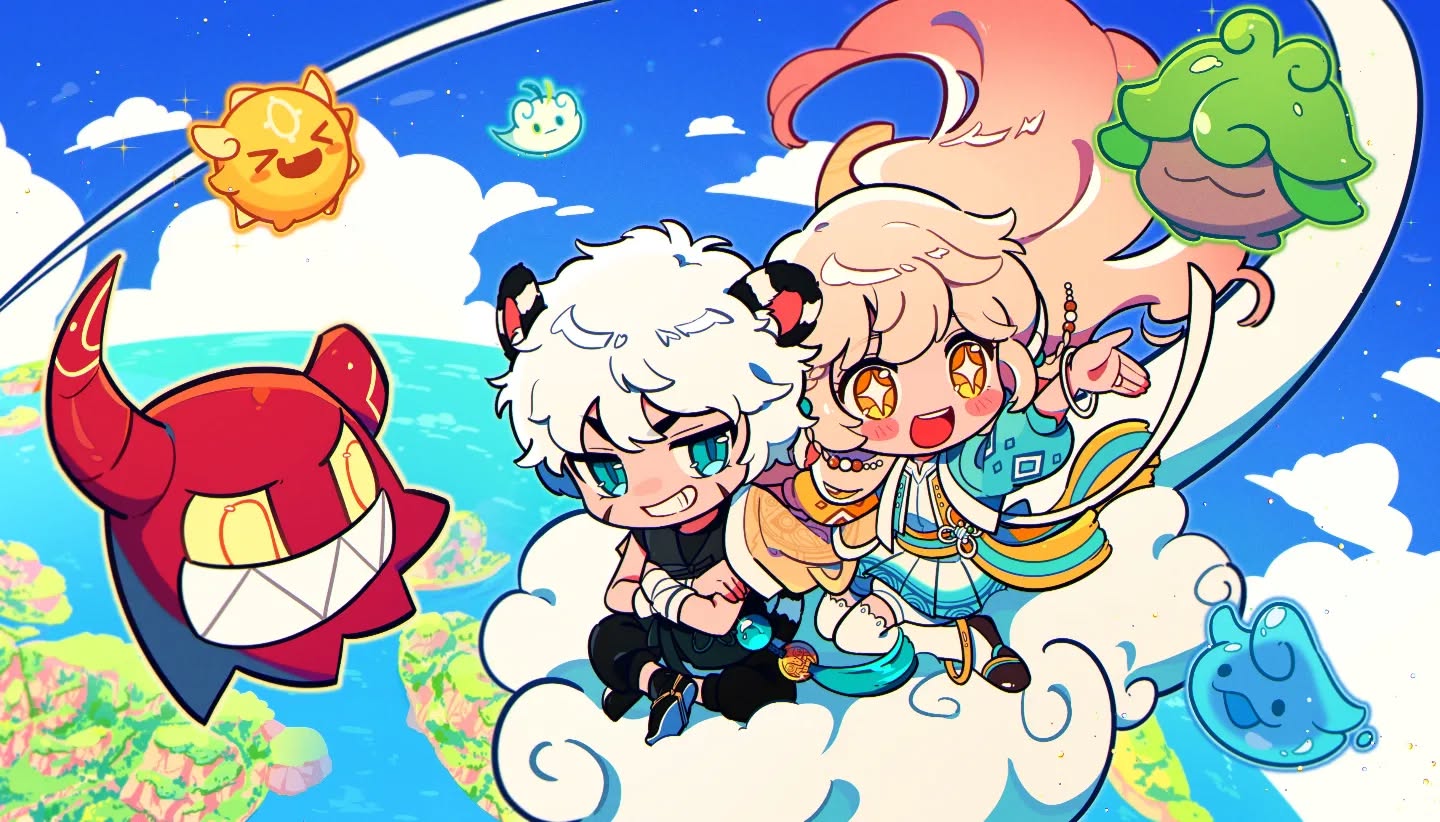 he image is a vibrant and whimsical cartoon illustration featuring two main characters, a boy and a girl, who appear to be flying on a cloud amidst a fantastical landscape. the boy has white hair with black earlike details and dark clothing, while the girl has long blonde hair, a cheerful expression, and light clothing.  they're surrounded by various cute, stylized creatures, including a small sun, a plantlike being, and several jellylike entities. the style is reminiscent of anime and chibi art, with exaggerated features and bright, saturated colors. the background includes a stylized representation of land and sea, creating a dreamy and magical atmosphere.  the overall mood is one of lighthearted joy and adventure.