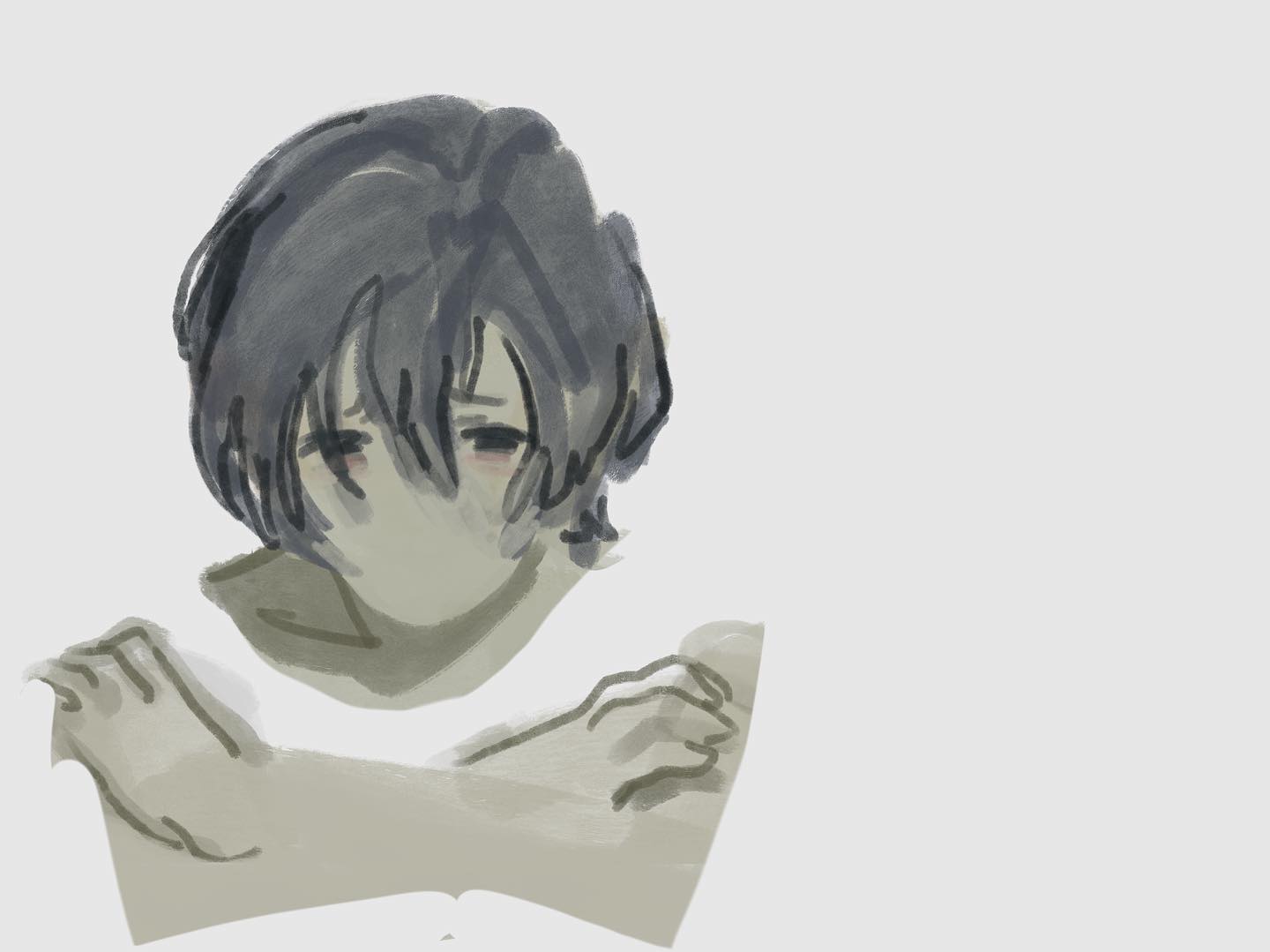 the image is a digital illustration or sketch of a young man with short, dark hair. he is depicted from the chest up, his head bowed and his eyes closed, conveying a strong sense of sadness. he is hugging himself tightly, his arms crossed over his chest, further emphasizing his emotional distress. the overall tone of the image is somber and melancholic, achieved through the use of muted colors and soft brushstrokes. the background is a plain light gray, focusing the viewer's attention entirely on the subject's emotional state.