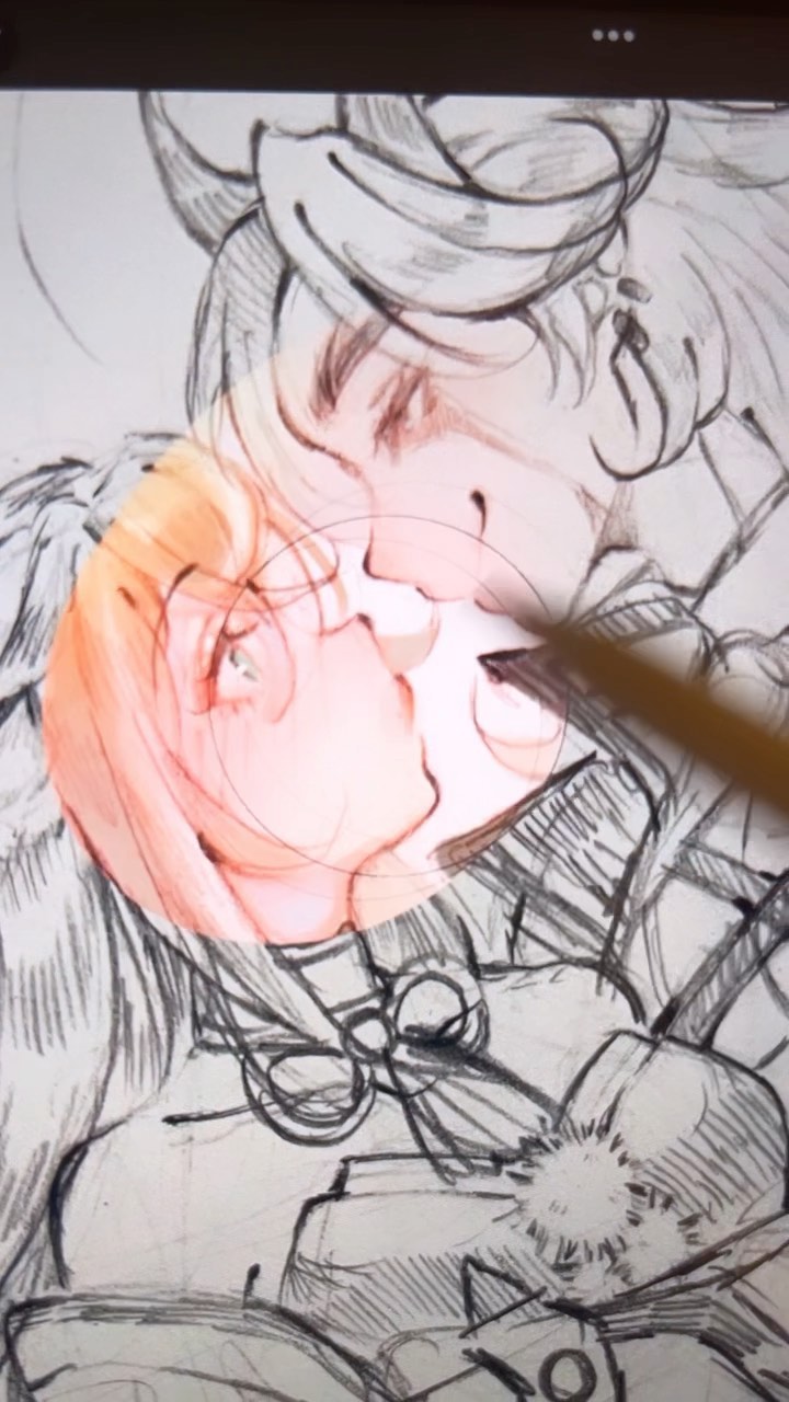 a closeup shot of a digital painting in progress, depicting a romantic scene between two animestyle characters. the female character has light orange hair and is leaning in for a kiss with the male character, who has lightcolored hair styled upwards.  the artist is using a digital pen, and parts of the image show the underlying pencil sketch and the watercolorlike digital painting process. the color palette is soft, focusing on peach and orange tones for the female character's skin and hair, contrasted against grayscale pencil sketches of clothing and the male character's hair.  the overall style is reminiscent of manga or anime art.