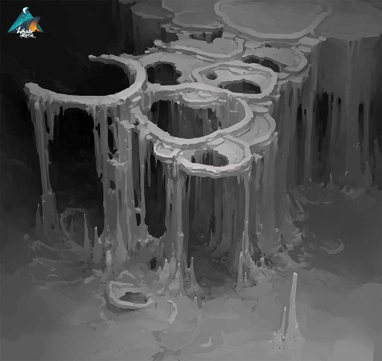 a digital painting of a cave interior. the walls and floor of the cave are made of a light gray rock, and there are many large, circular openings in the walls. the openings are connected by a series of narrow ledges, and the entire cave is lit by a soft, diffused light.