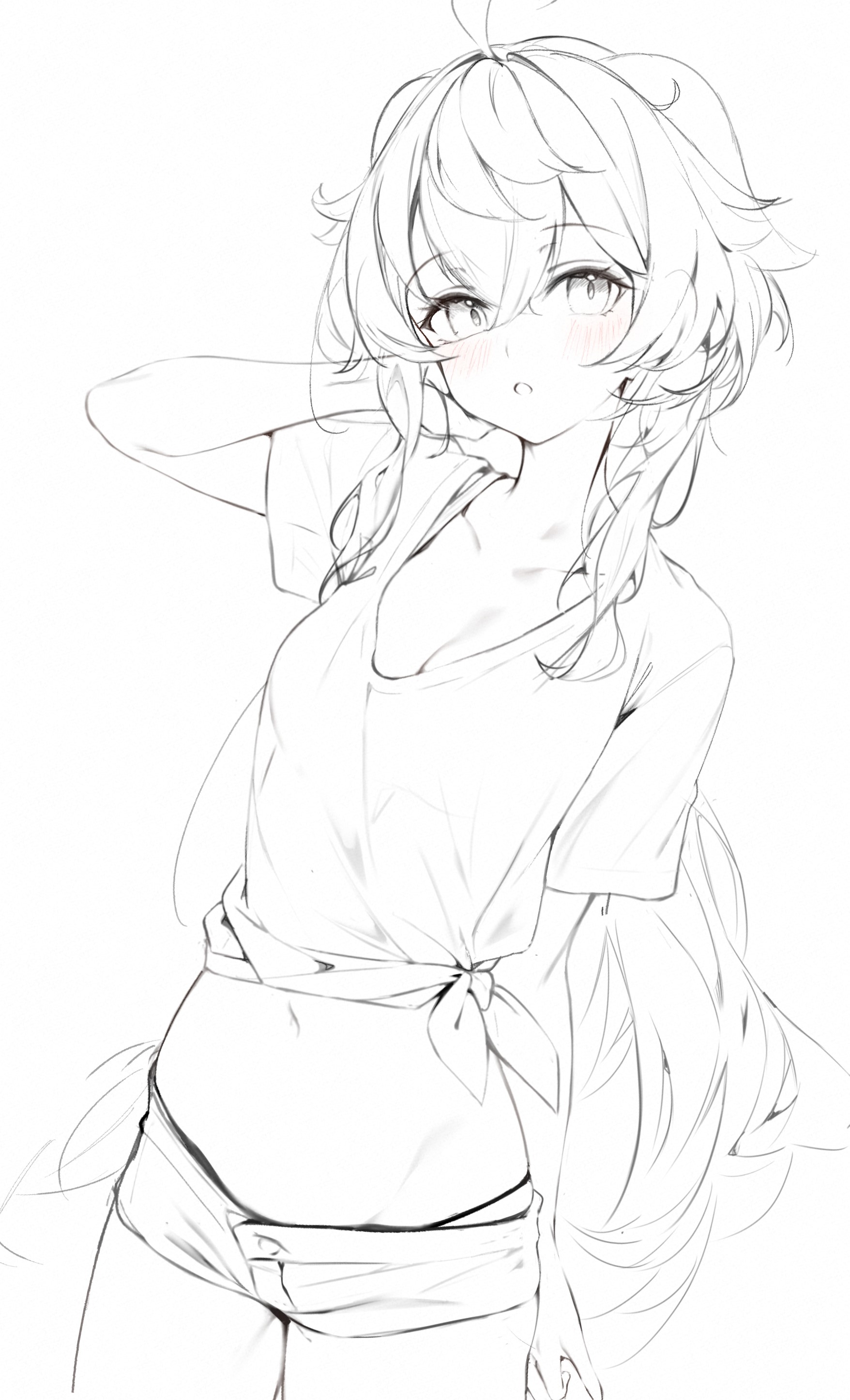 an animestyle sketch of a young woman wearing a casual outfit. she has a tshirt tied at her waist, shorts, and is posing with one hand behind her head. the image focuses on the upper body and head, showcasing her facial features and hairstyle. the drawing is done in black and white, using line art to define the contours of the figure and clothing.