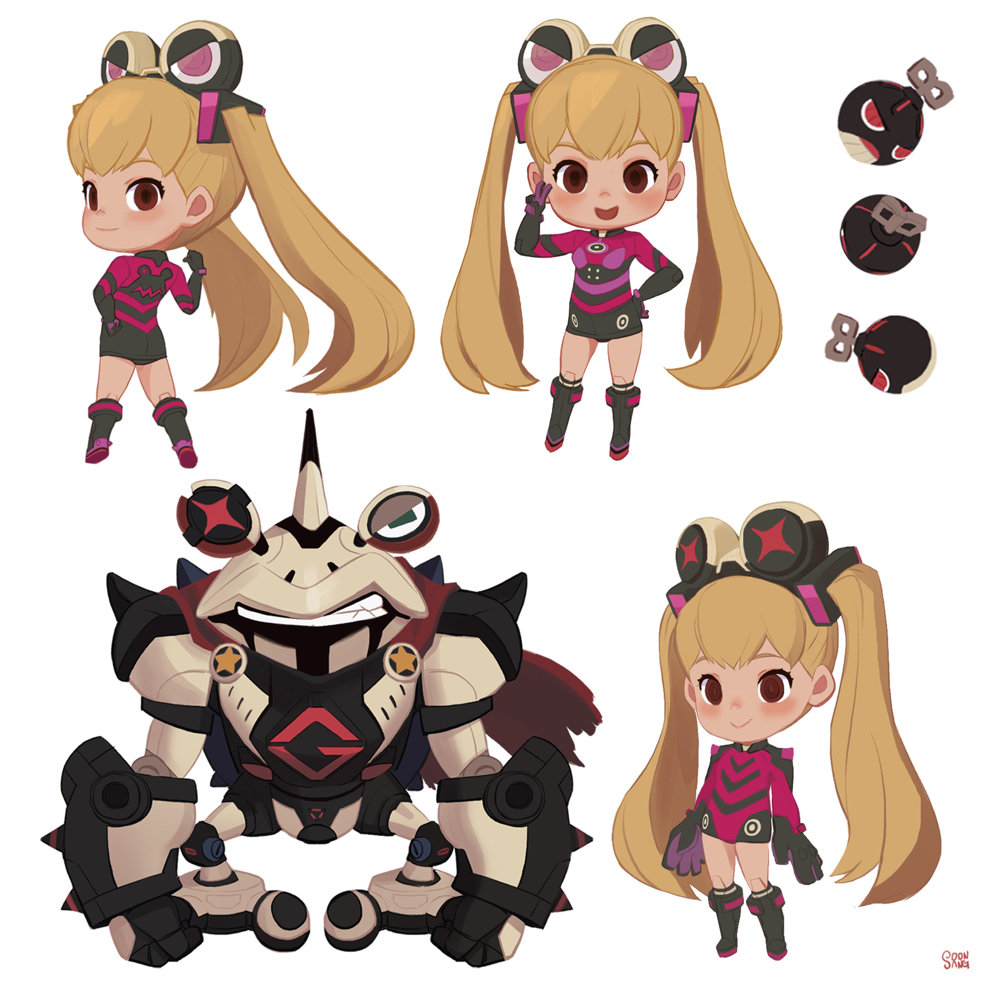 this image showcases character design concepts for a video game. it features a young blonde girl with pigtails, wearing a pink and black outfit, who pilots a frogthemed mech. the mech is predominantly cream and black with accents of pink. multiple views of the girl and her helmet are presented, along with a frontfacing view of the full mech.