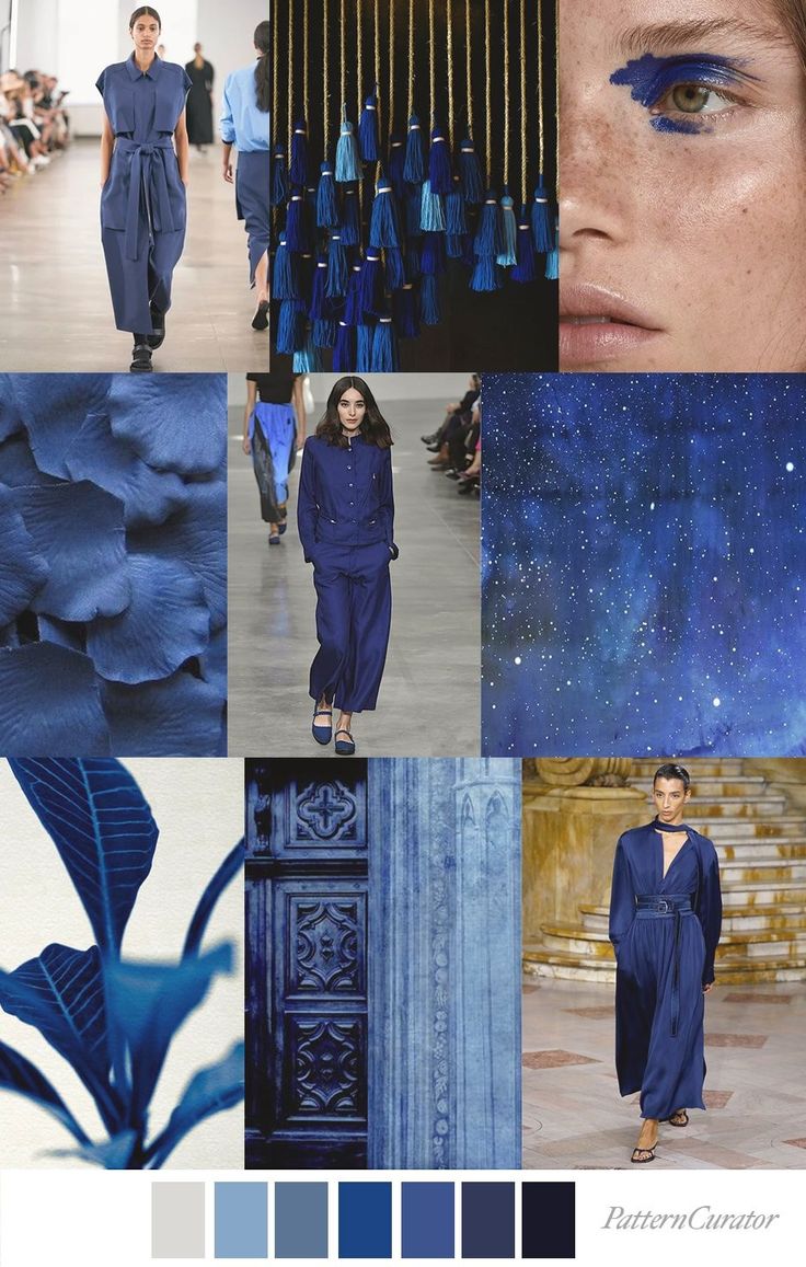 a color palette inspiration board for fashion designers. it has different shades of blue with many images and examples of blue textures. there are closeups of different fabrics, textures, and fashion images. the color palette is shown at the bottom, and the word "patterncurator" is written in the bottom right corner.