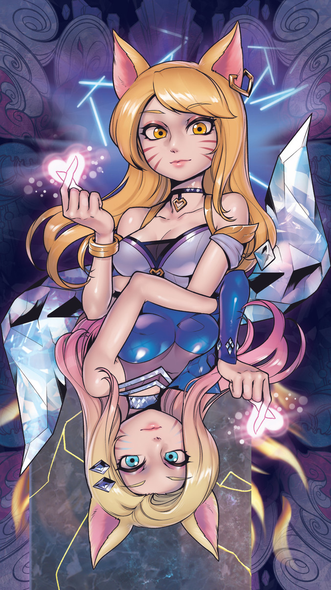 the image depicts two anime girls with cat ears, one in blue and white and the other in pink and white, with their legs crossed and bodies intertwined. the girl in blue and white is holding her hands up in a heart shape with her index fingers and thumbs, while the girl in pink and white is pointing her index finger at the camera. the image is set against a colorful, abstract background.