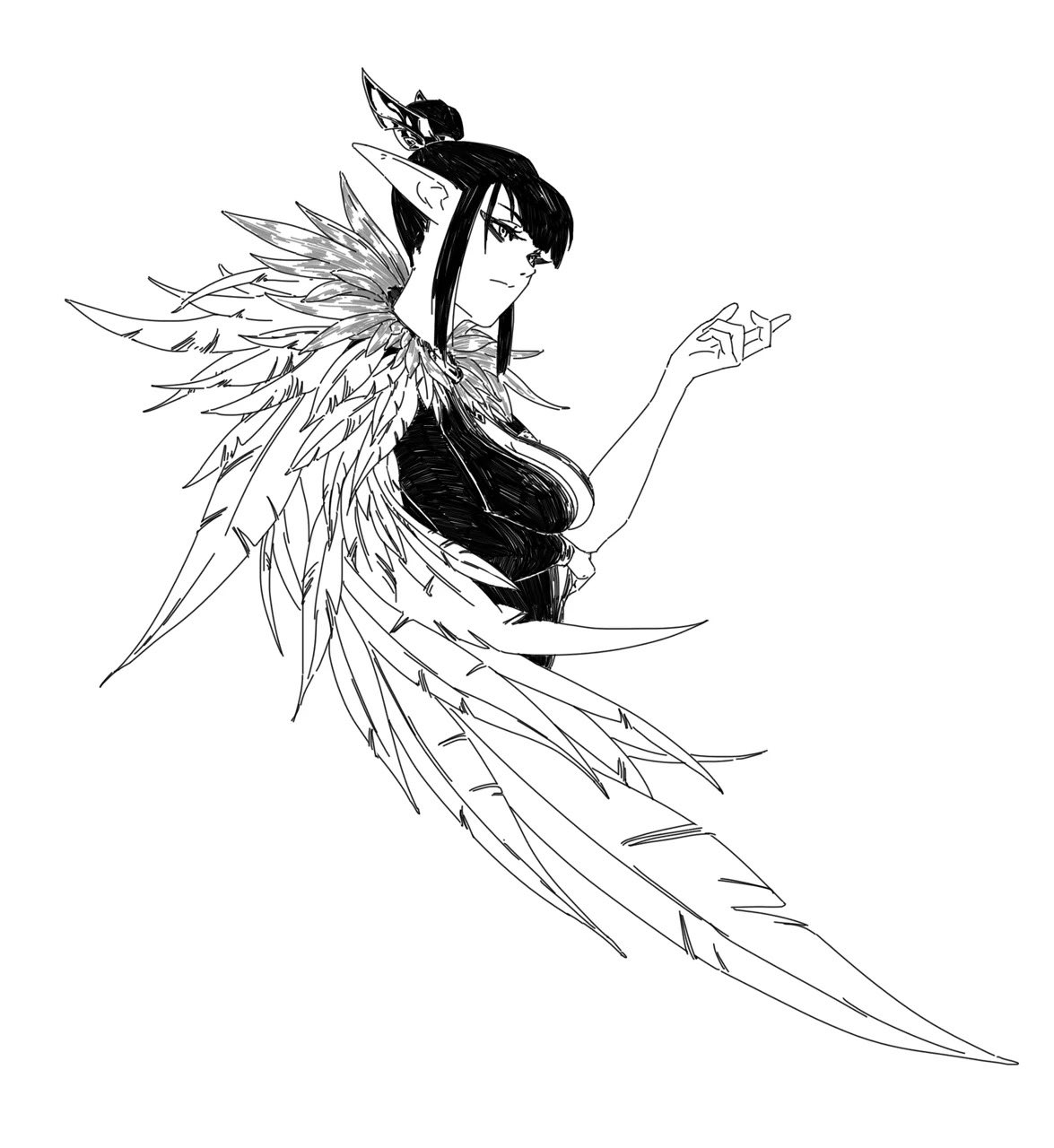 the image is a black and white line drawing of an animestyle elf girl. she has pointed ears, dark hair pulled back in a bun, and is wearing a dark, ornate outfit with a large, feathered collar that resembles wings.  her expression is serious and slightly aloof.  the style is reminiscent of manga or anime character design with a focus on elegant lines and flowing details. the girl is depicted in a threequarter profile view, with her arm extended slightly outward. the overall feel is one of fantasy and mystery.