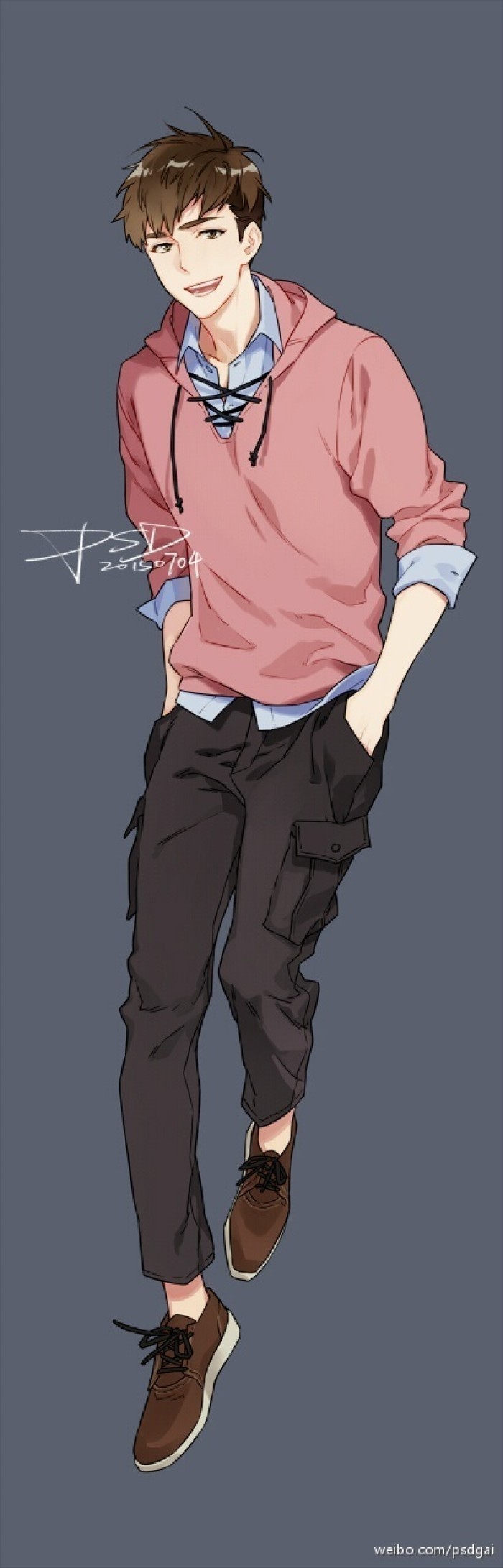 a fullbody illustration of a young man with brown hair and brown eyes. he is wearing a pink hooded sweatshirt over a light blue shirt, dark cargo pants, and brown shoes. he has a confident smile on his face and his hands are casually placed in his pockets. the background is a solid bluegray color. the art style is anime and the lighting is soft, creating a friendly and approachable feel.