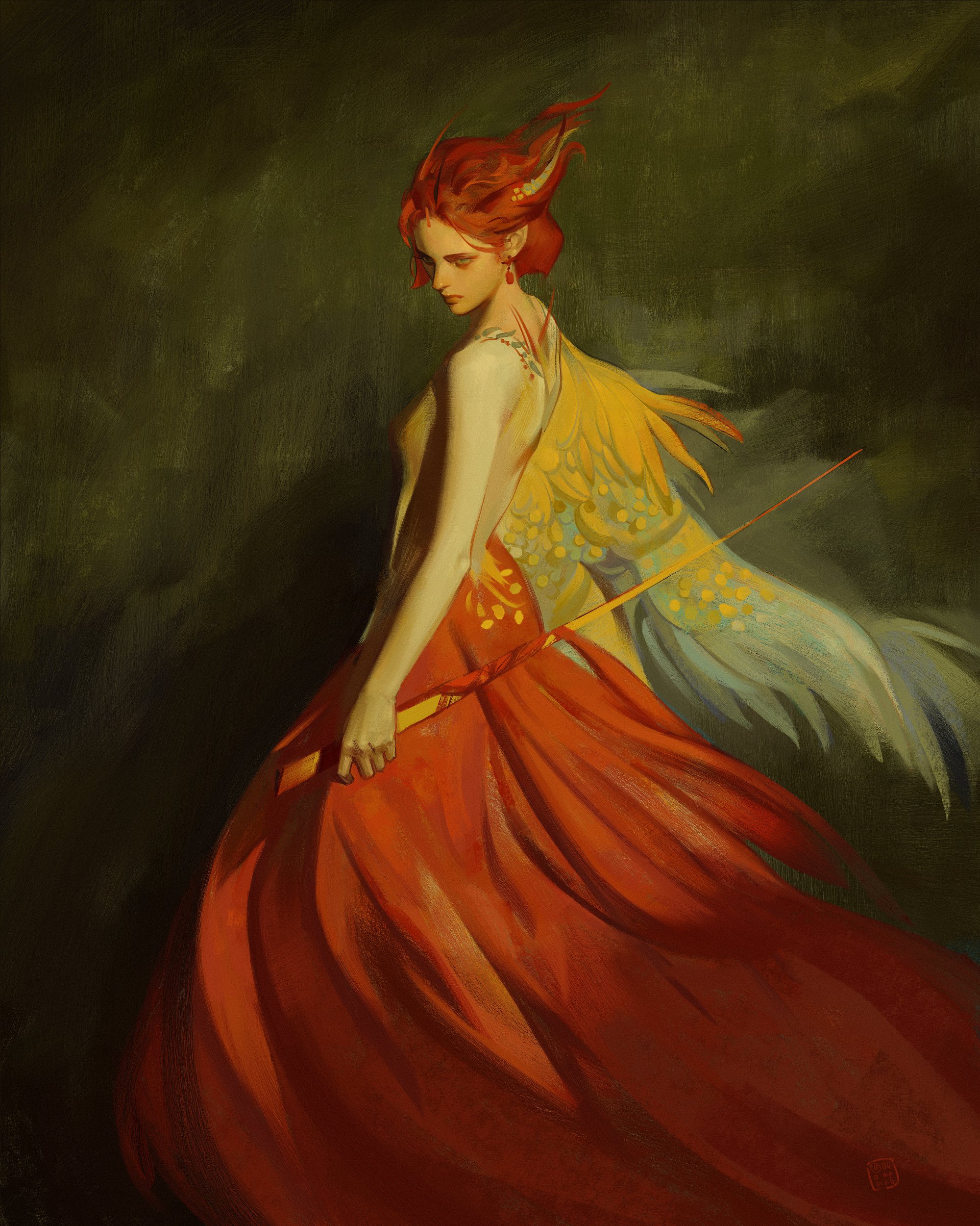 the artwork depicts a fantasy figure, possibly a fairy or sorceress, with fiery red hair and delicate, birdlike wings. she is clad in a flowing red gown that ripples dramatically around her, suggesting movement. her expression is serious and introspective. she holds a long, slender gold object, possibly a wand or staff, in her hand. the background is a dark, moody green, emphasizing the figure's vibrant attire and features. the style is painterly, with visible brushstrokes, lending a rich texture to the image. the overall mood is both ethereal and powerful. the woman appears elegant, yet with a hint of hidden strength. the color palette is rich and warm, with deep reds and oranges contrasting beautifully against the cooler greens and blues in the background.