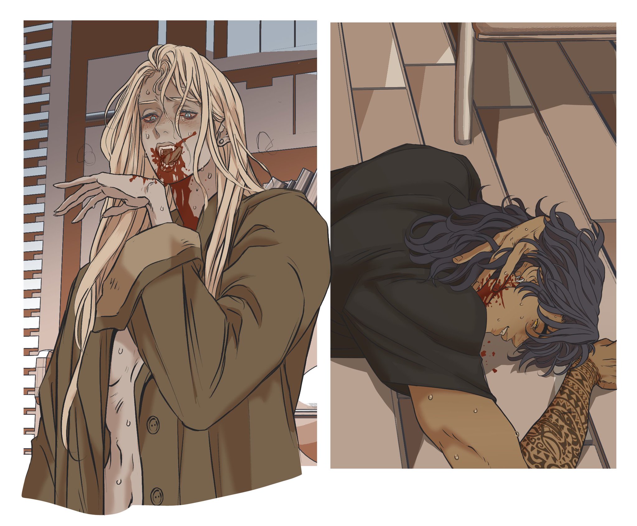the image shows two panels of artwork depicting a violent scene. in the first panel, a blondehaired vampire is covered in blood, suggesting they have just fed on someone. the vampire is wearing a brown coat and looks disheveled. the second panel shows a man lying on the floor in a pool of blood. he has dark hair and tattoos on his arm. he appears to be dead or seriously injured. the overall tone of the image is dark and violent, implying a story of vampires and their victims.