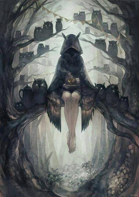 a dark and whimsical illustration depicts a hooded figure sitting on a tree branch surrounded by owls in a mystical forest setting. the figure, draped in a dark cloak with winglike edges, holds a teacup. multiple owls perch on the branches, creating an eerie and enchanting atmosphere. the background features a muted forest with a dreamlike quality.
