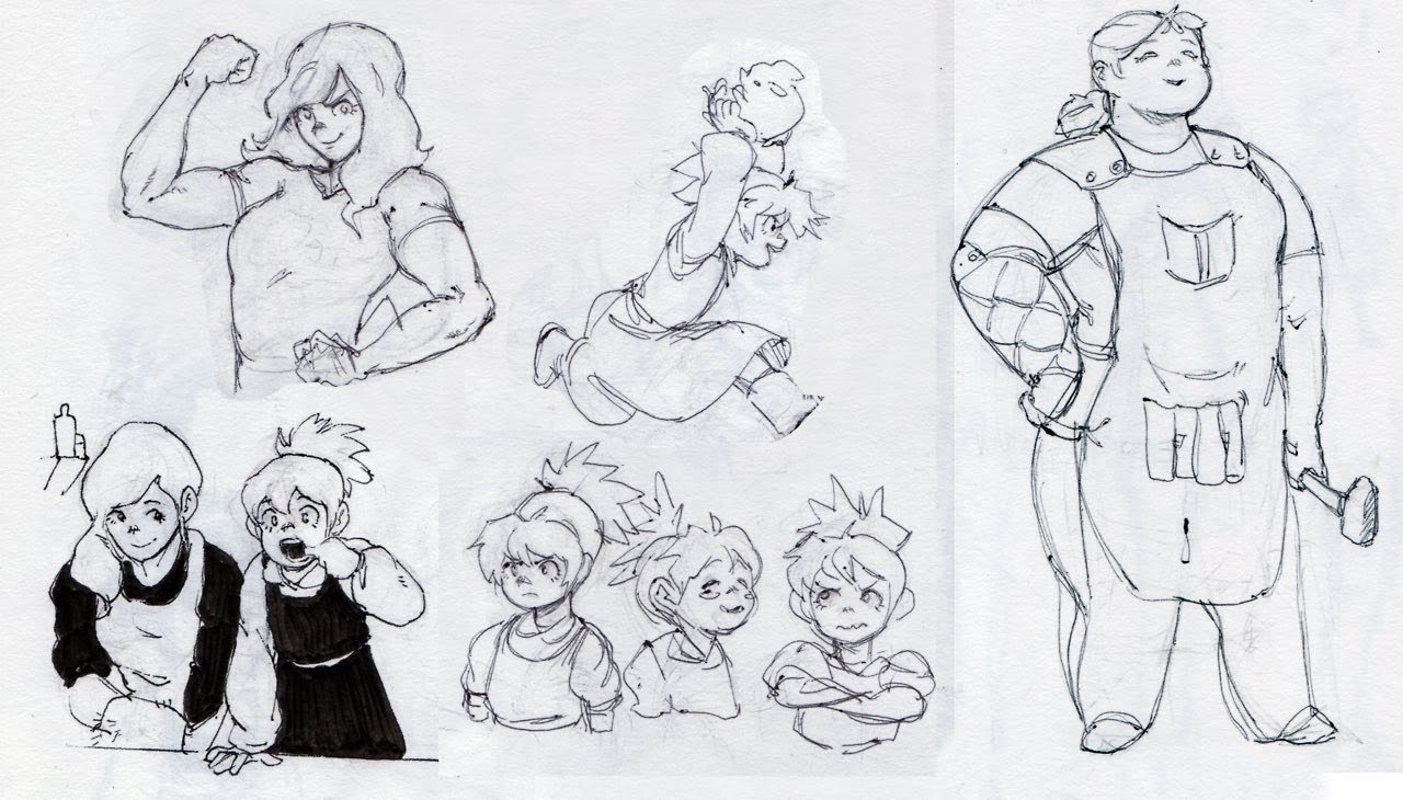this is a black and white sketch of eight different characters, including a woman with a muscular build and a hammer, a girl holding a chicken, and a girl holding a hammer. the characters are drawn in a cartoon style, and the sketch is very detailed.