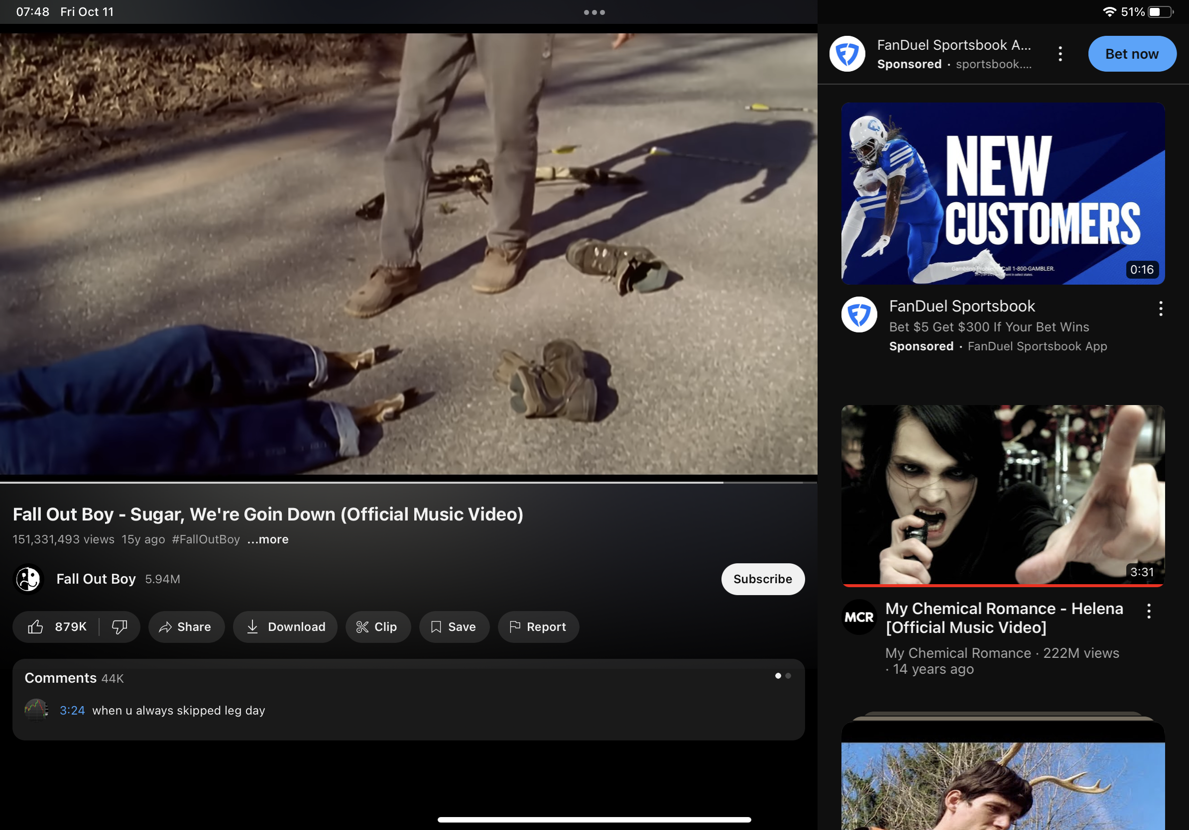 this is a screenshot of a youtube video. it shows a music video for fall out boy’s song sugar, we’re goin down and a music video for my chemical romance’s song helena. the image also includes ads from fanduel sportsbook.
