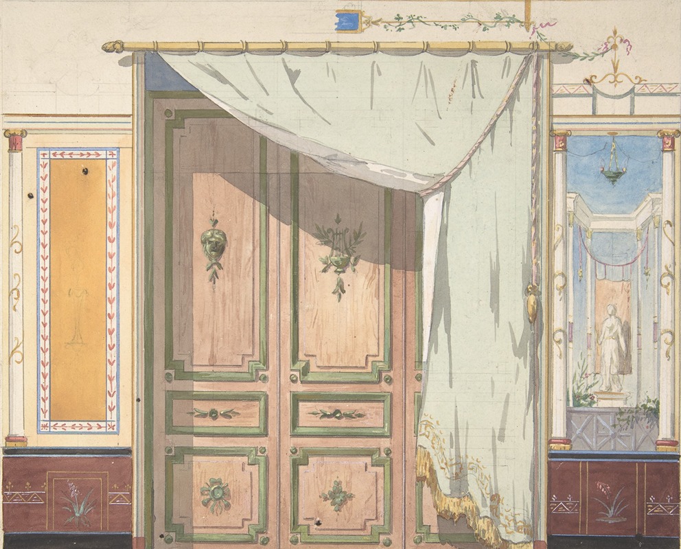 a watercolor painting of a pompeian interior, depicting a wooden double door with green trim, partly covered by a light green curtain with gold fringe. to the left is a painted wall with decorative floral elements. to the right, another decorated wall showing a view into a classicalstyle corridor with a statue at the end. the scene is painted in soft, muted tones.