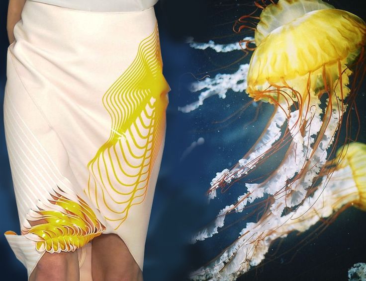a woman is wearing a white skirt with a yellow pattern.  the pattern resembles the tentacles of a jellyfish. the background is a picture of a jellyfish underwater. the skirt is a modern design, and the image is a metaphor for the beauty and elegance of nature.