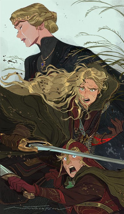 the artwork depicts a dramatic and sorrowful battle scene. in the foreground, a young man clad in ornate armor is sprawled on the ground, his mouth agape in a silent scream, a sword impaled through him. his face is contorted in agony as he grasps at the weapon. above him, a woman with long, flowing blonde hair, dressed in dark attire, appears to be weeping over the fallen man. her face is streaked with tears, and her expression is one of profound grief. behind her, another woman, also clad in dark robes, watches the scene unfold with a mixture of sadness and resignation. her face is etched with lines of worry, and her eyes are filled with sorrow. the scene is set against a backdrop of tall, swaying grasses, suggesting a field of battle, and is filled with a sense of despair and loss. the overall tone of the artwork is one of tragedy and loss, highlighting the brutality of war and the enduring pain of grief.