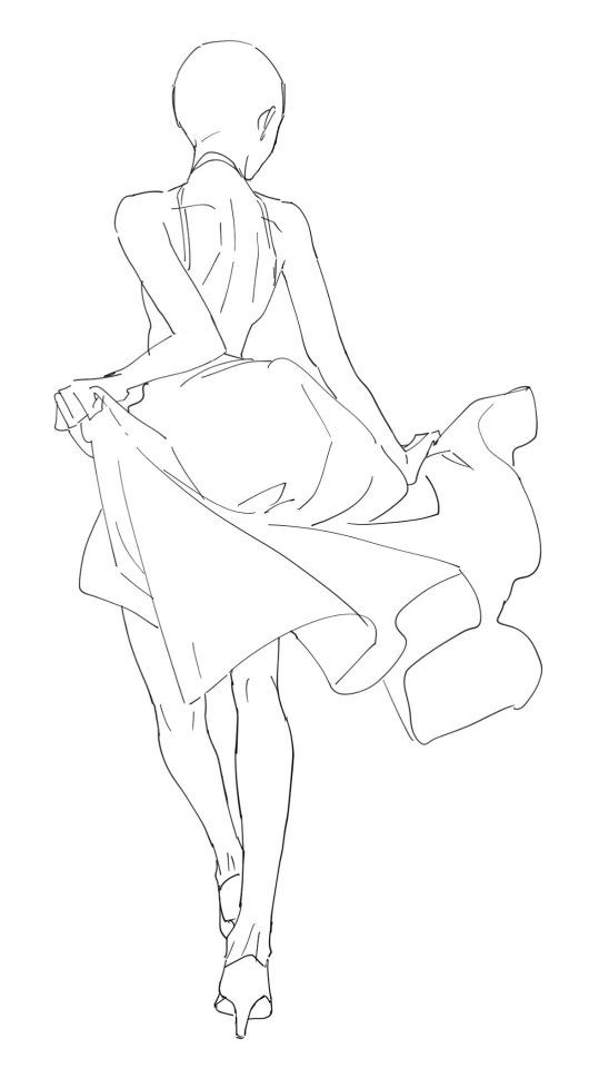 a line art sketch of a woman walking away in a dress and heels. the view is from the back. the dress is flowing.