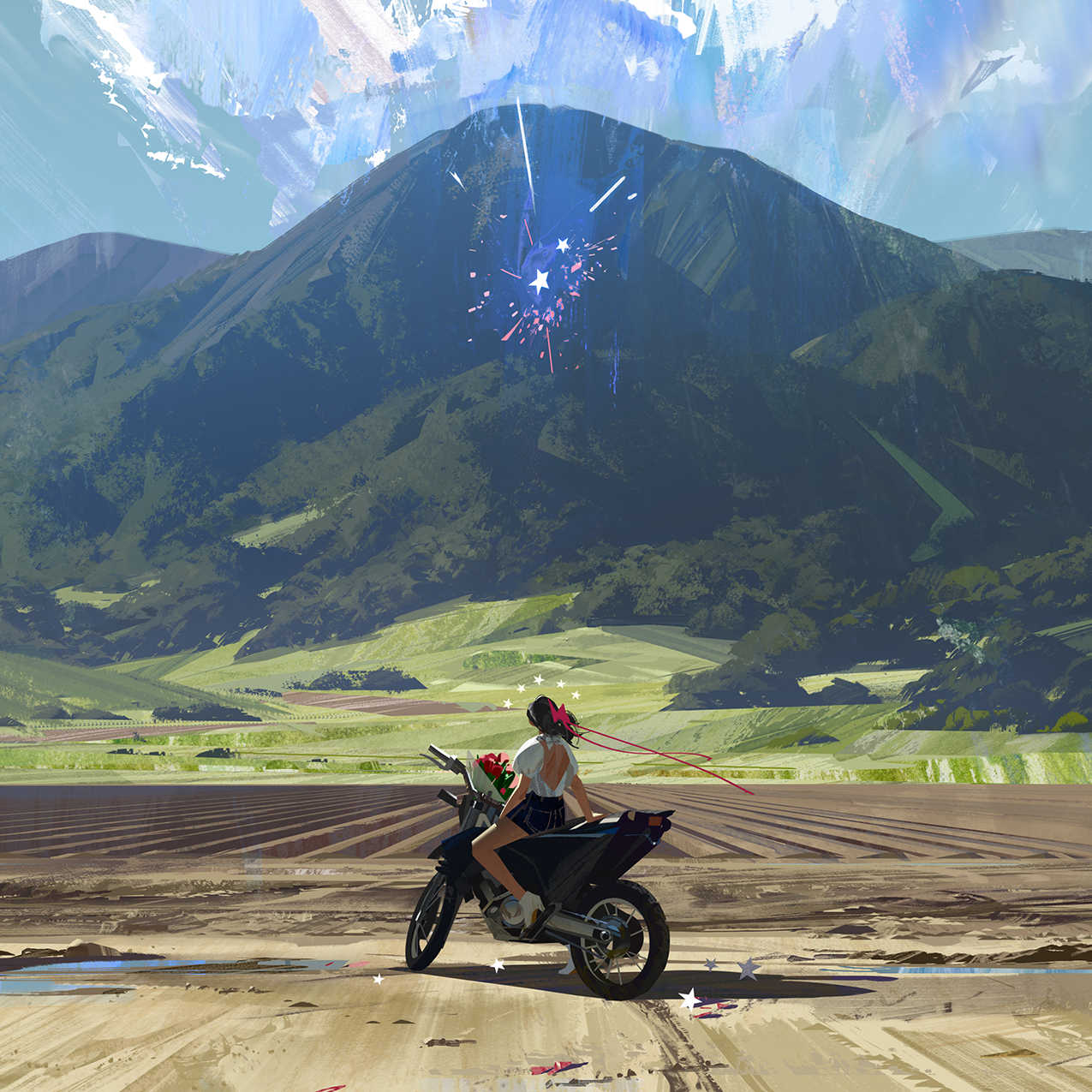 a young woman with flowers in her hair sits atop a black motorcycle facing a verdant valley and imposing mountain. above the mountain peak, colorful fireworks explode against the azure sky dotted with fluffy clouds. the dirt road before her stretches towards the horizon, implying a sense of adventure and freedom. the overall scene evokes a sense of celebration, journey, and the beauty of nature.