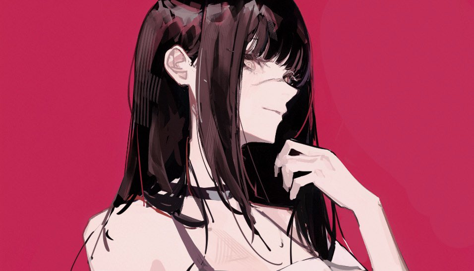 the image is an animestyle illustration of a girl with long black hair. she's wearing a white dress and a black choker. her head is turned to the side, and she has a small smile on her face. the background is a solid red color. the lighting is soft, creating a gentle and slightly melancholic mood.