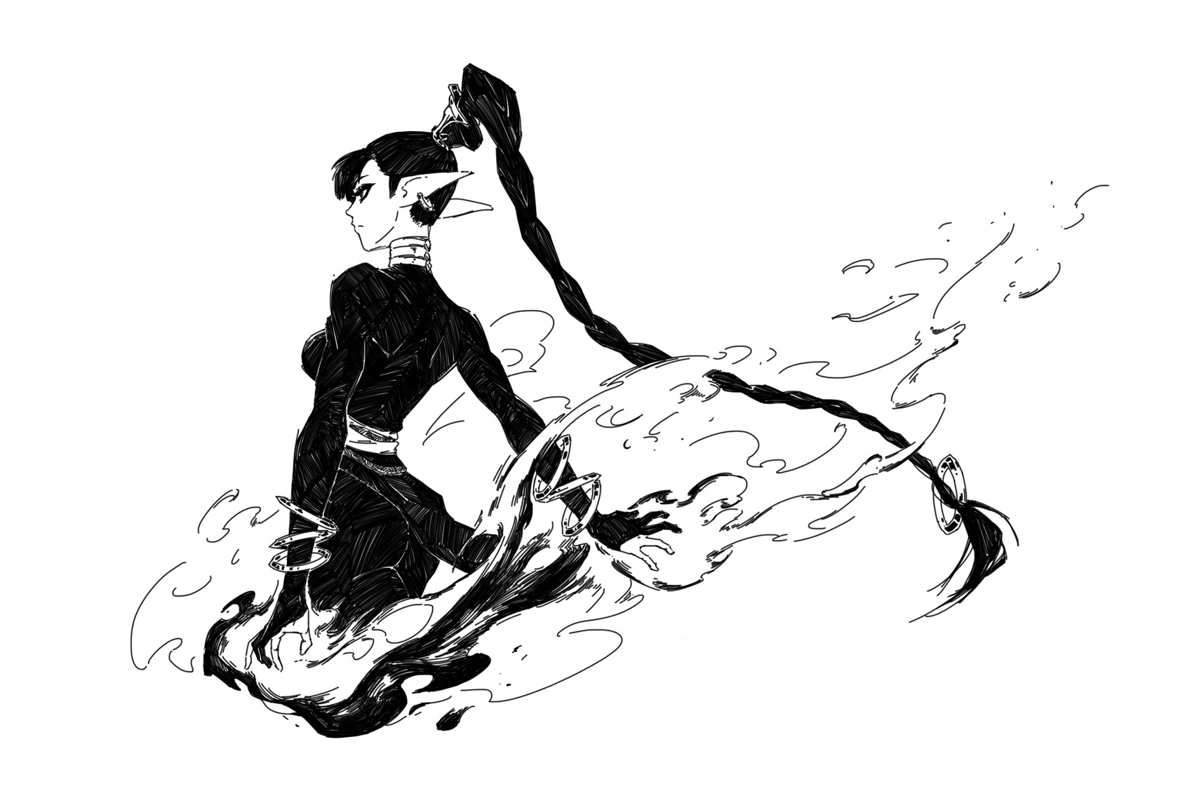 the image is a black and white ink drawing or sketch of an anime or mangastyle female elf. she has long black hair styled in a high ponytail, pointed ears, and wears a dark, formfitting dress.  she appears to be in motion, with flames or energy trailing behind her, giving the impression of speed or power. the style is dynamic and expressive, with bold lines and shading. the overall mood is dark, mysterious, and somewhat magical.