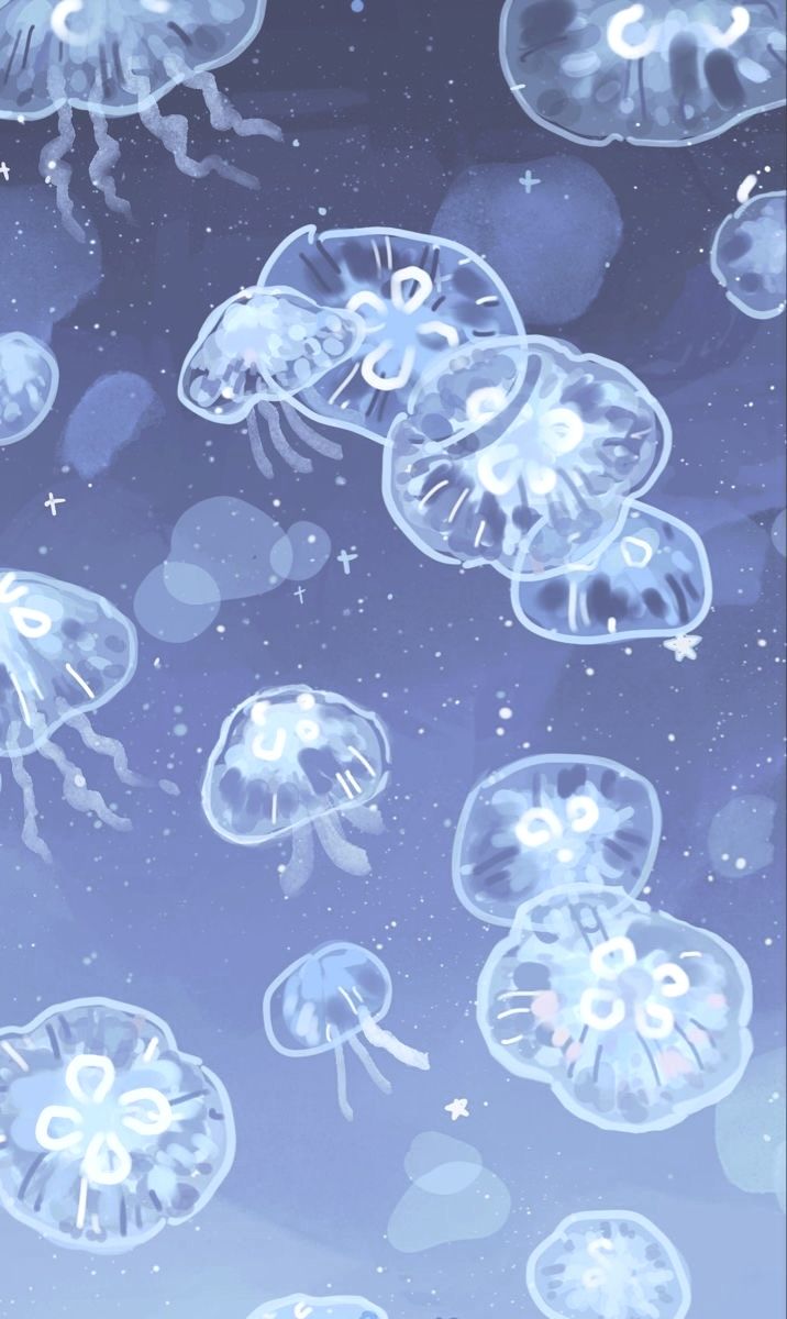 the image is a digital illustration featuring a pattern of glowing, translucent jellyfish floating in a blue underwater environment. the jellyfish are depicted in varying sizes and orientations, with some clustered together. the overall aesthetic is dreamy and ethereal, suggesting a serene and otherworldly scene. small white stars and bokeh effects are scattered throughout the image.